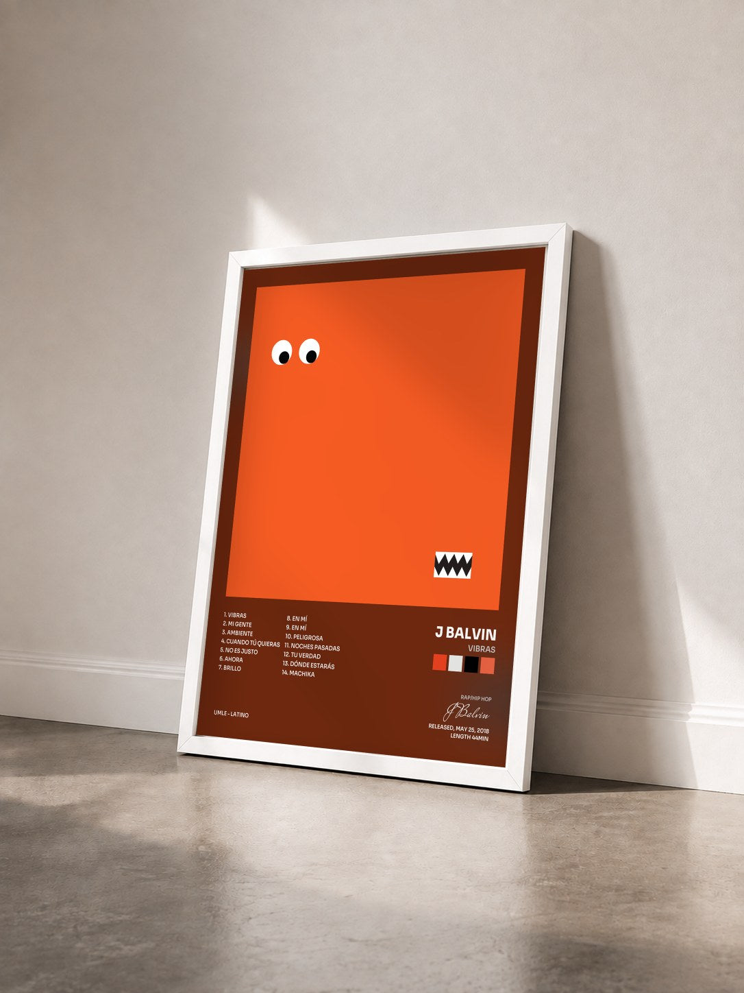 #blanc Vibras by J Balvin as a framed art print seen at an angle, white frame
