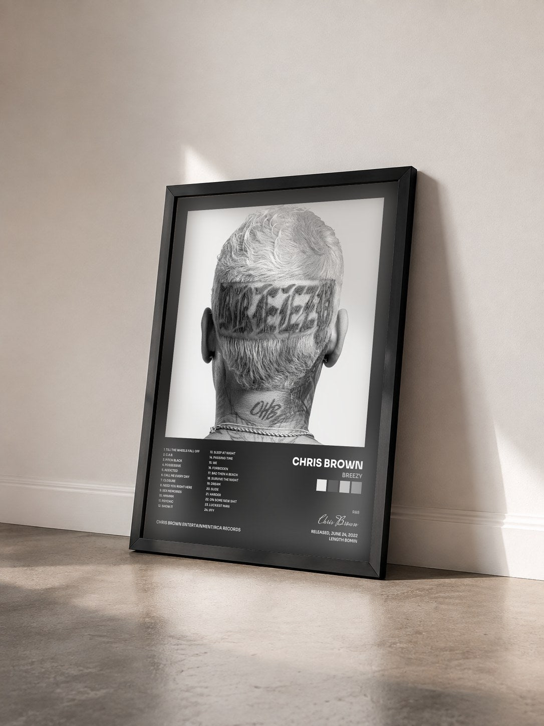 #noir Tableau de l'album Breezy de Chris Brown vu de trois quarts, cadre noir