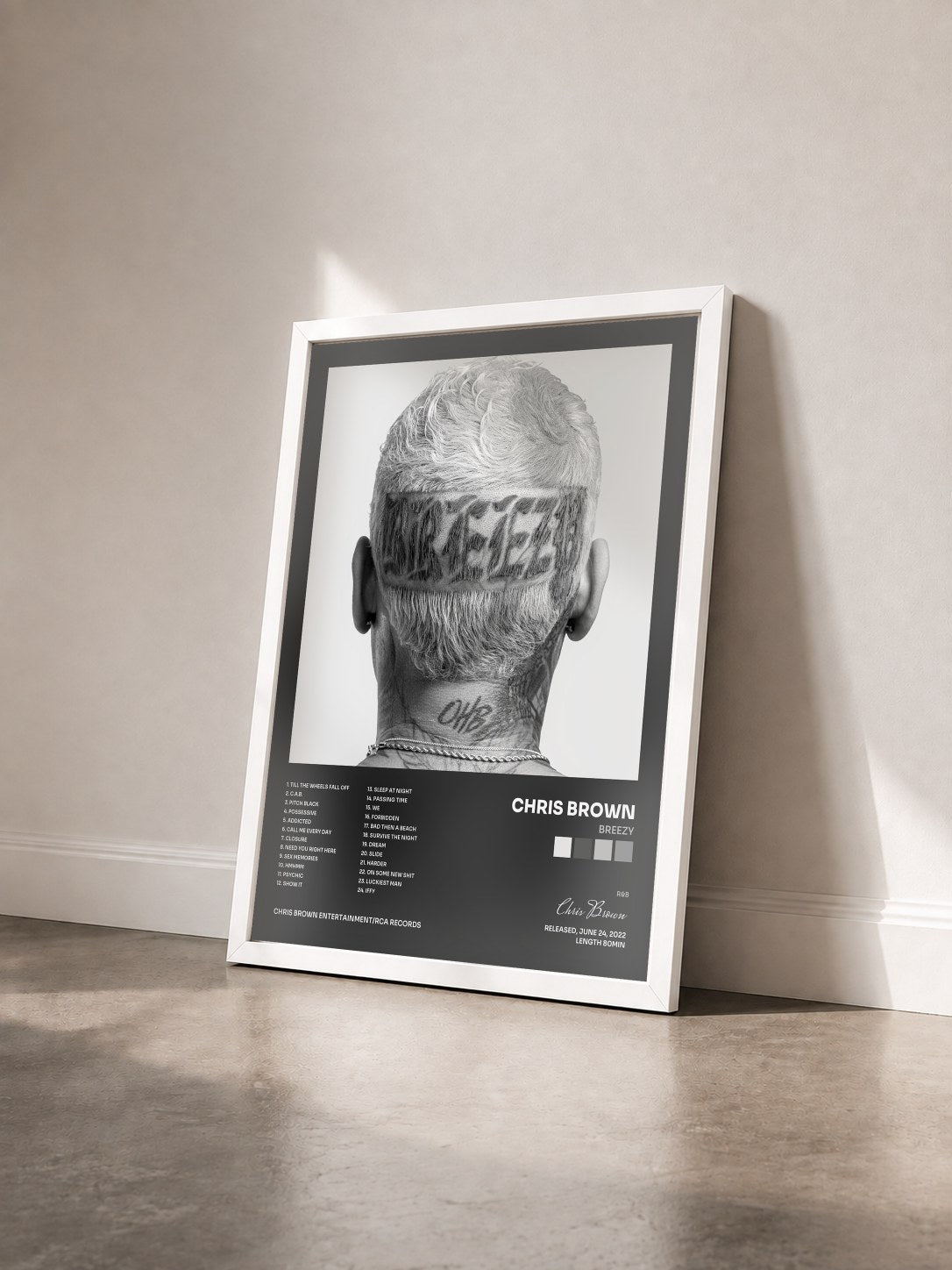 #blanc Tableau de l'album Breezy de Chris Brown vu de trois quarts, cadre blanc