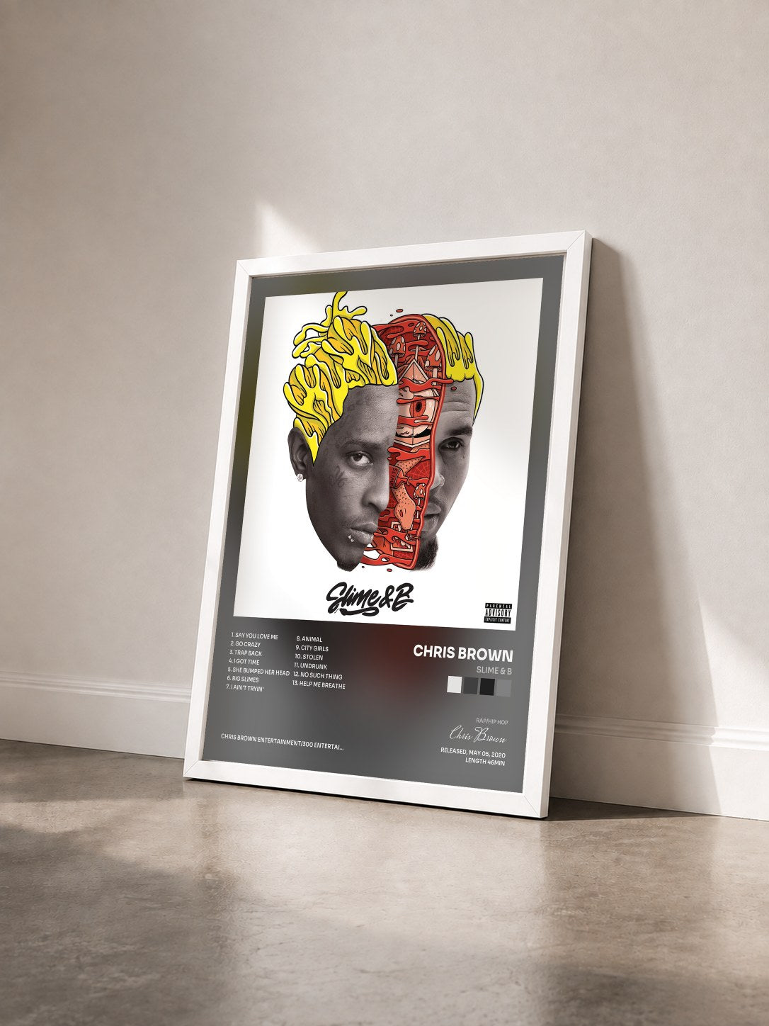 #blanc Tableau de l'album Slime & B de Chris Brown vu de trois quarts, cadre blanc