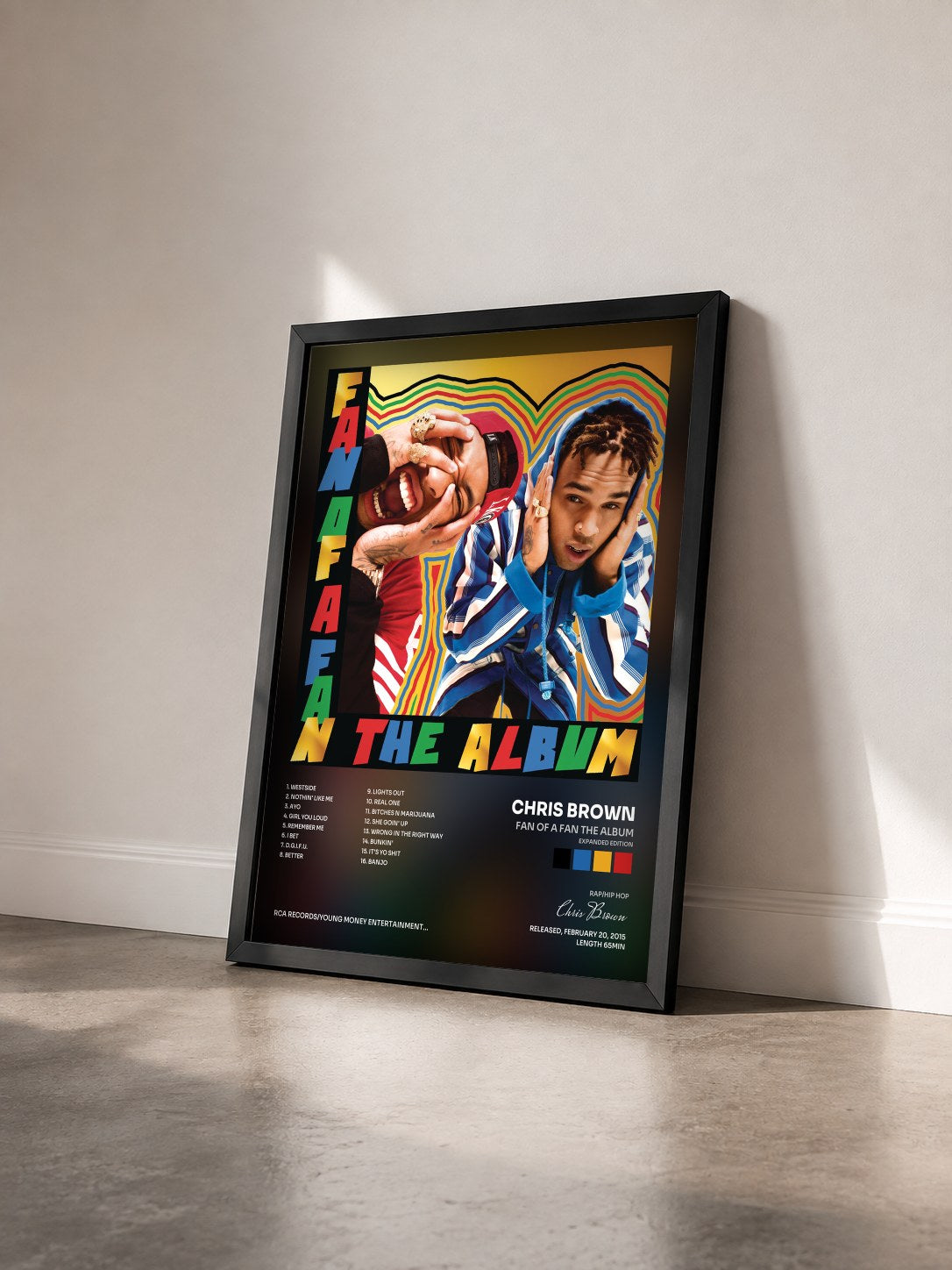 #noir Fan of A Fan The Album (Expanded Edition) by Chris Brown as a framed art print seen at an angle, black frame
