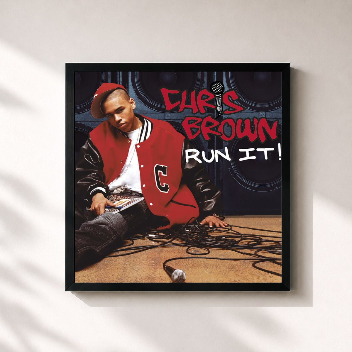 #noir Tableau carré de l'album Run It! de Chris Brown, cadre noir 32x32 cm