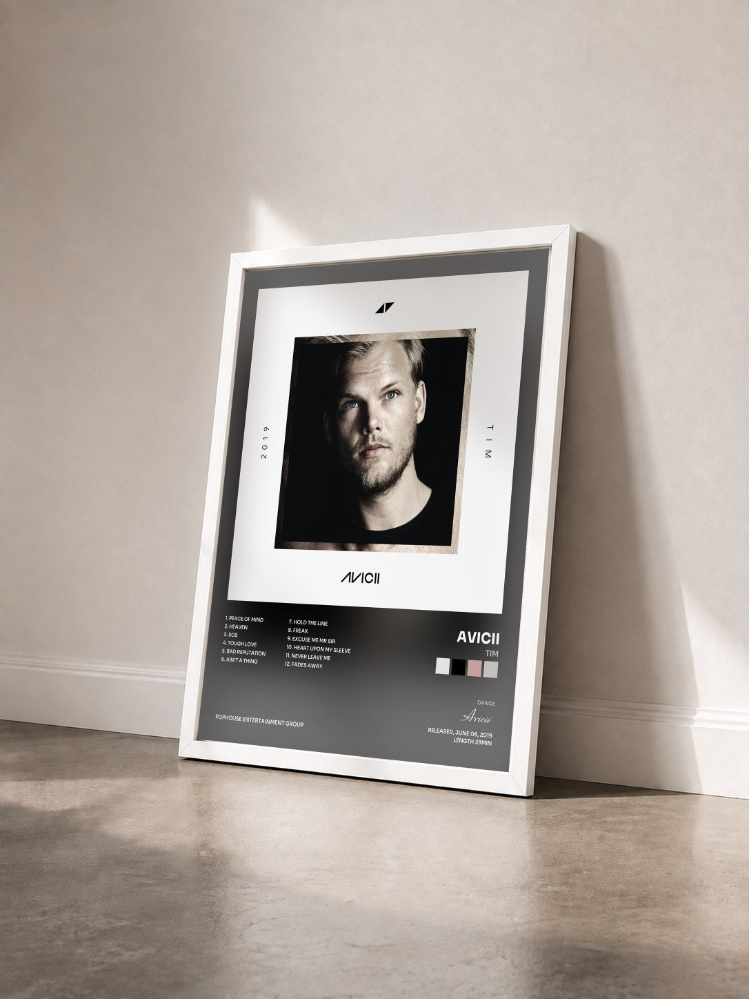#blanc TIM by Avicii as a framed art print seen at an angle, white frame