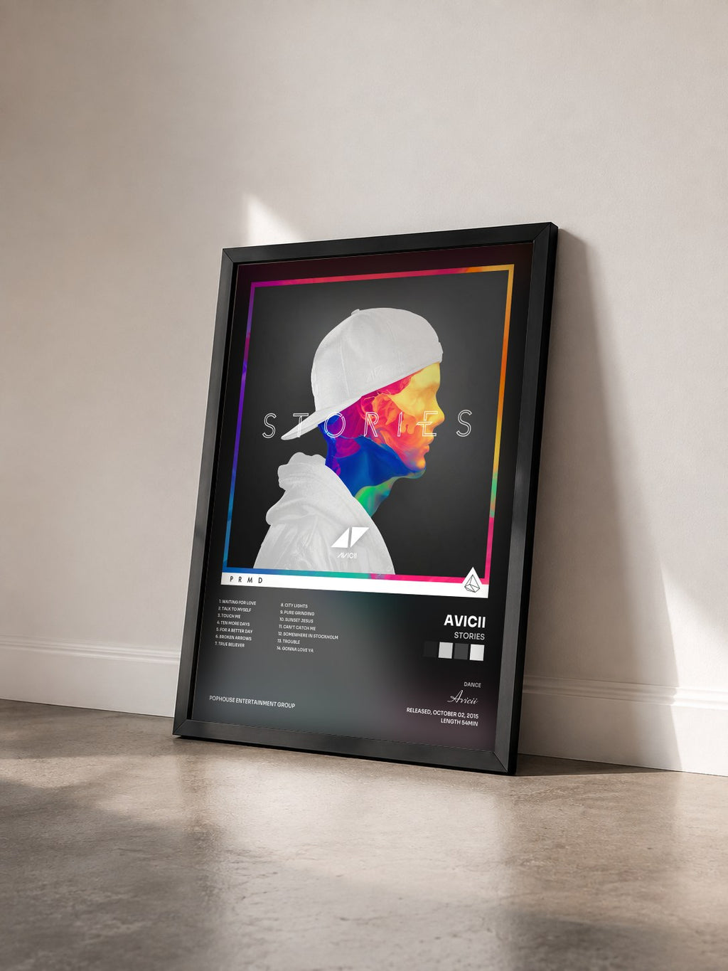 #noir Tableau de l'album Stories de Avicii vu de trois quarts, cadre noir