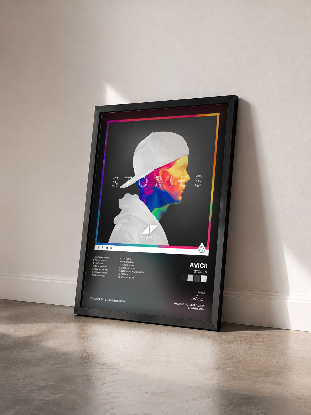 #noir Tableau de l'album Stories de Avicii vu de trois quarts, cadre noir