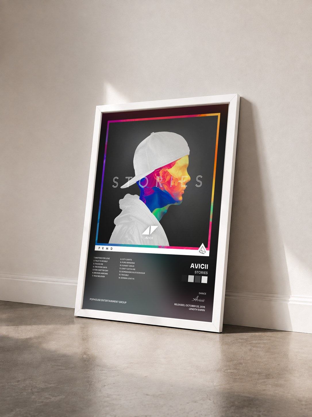 #blanc Tableau de l'album Stories de Avicii vu de trois quarts, cadre blanc