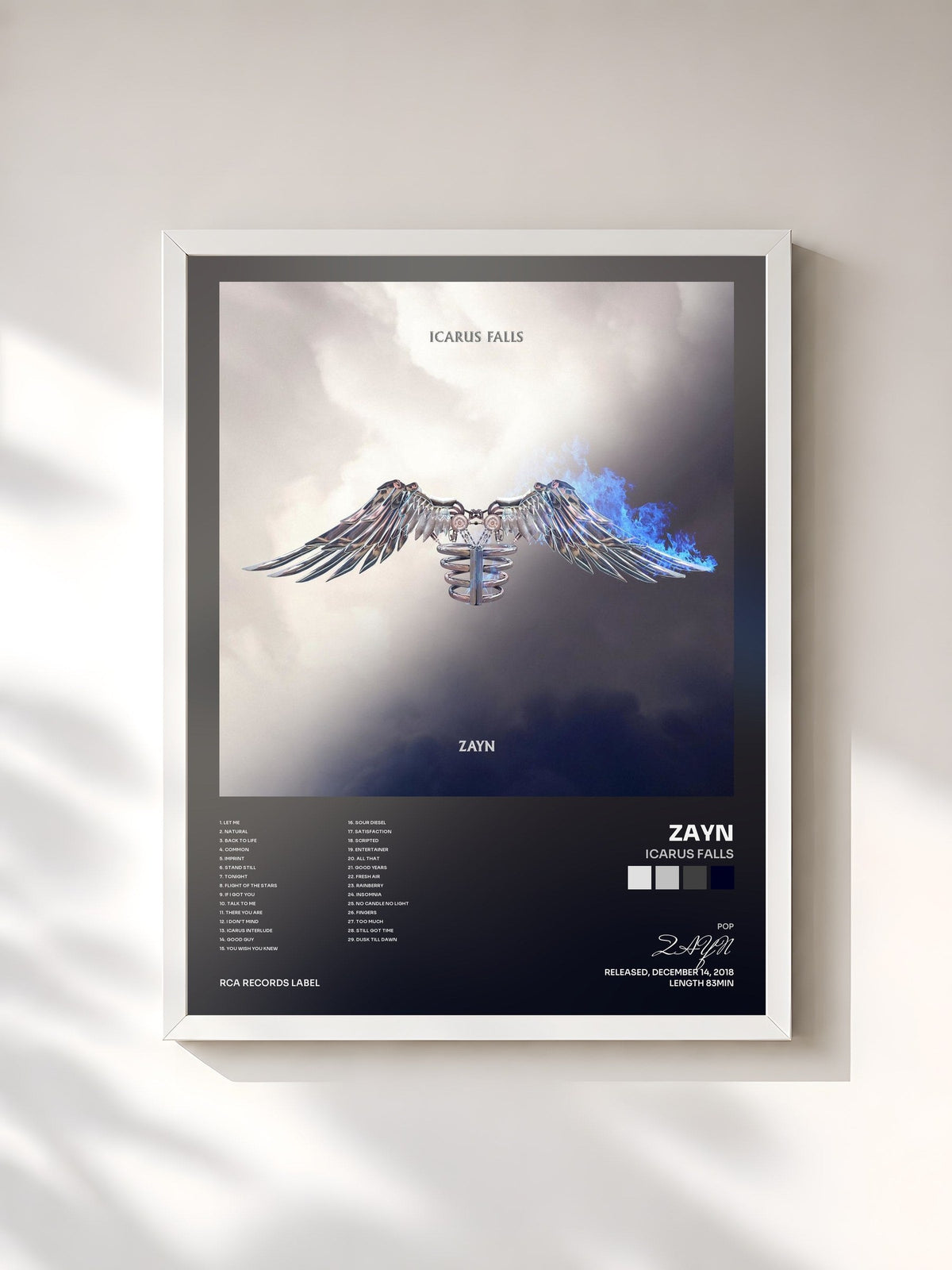 #blanc Icarus Falls de ZAYN en lámina enmarcada, marco blanco, impresa y enmarcada en Francia
