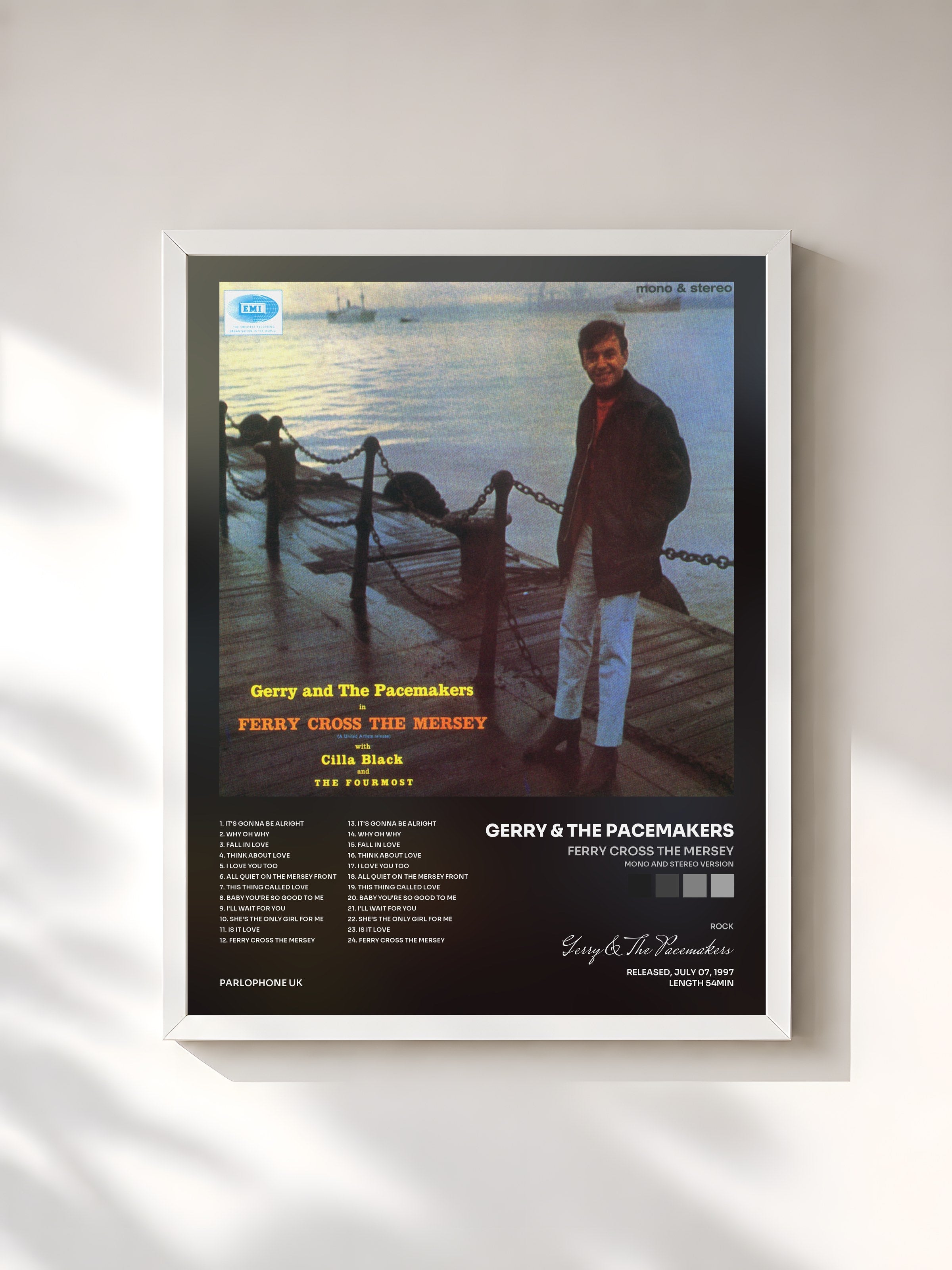 #blanc Tableau de l'album Ferry Cross The Mersey (Mono And Stereo Version) de Gerry & The Pacemakers, cadre blanc, imprimé et encadré en France