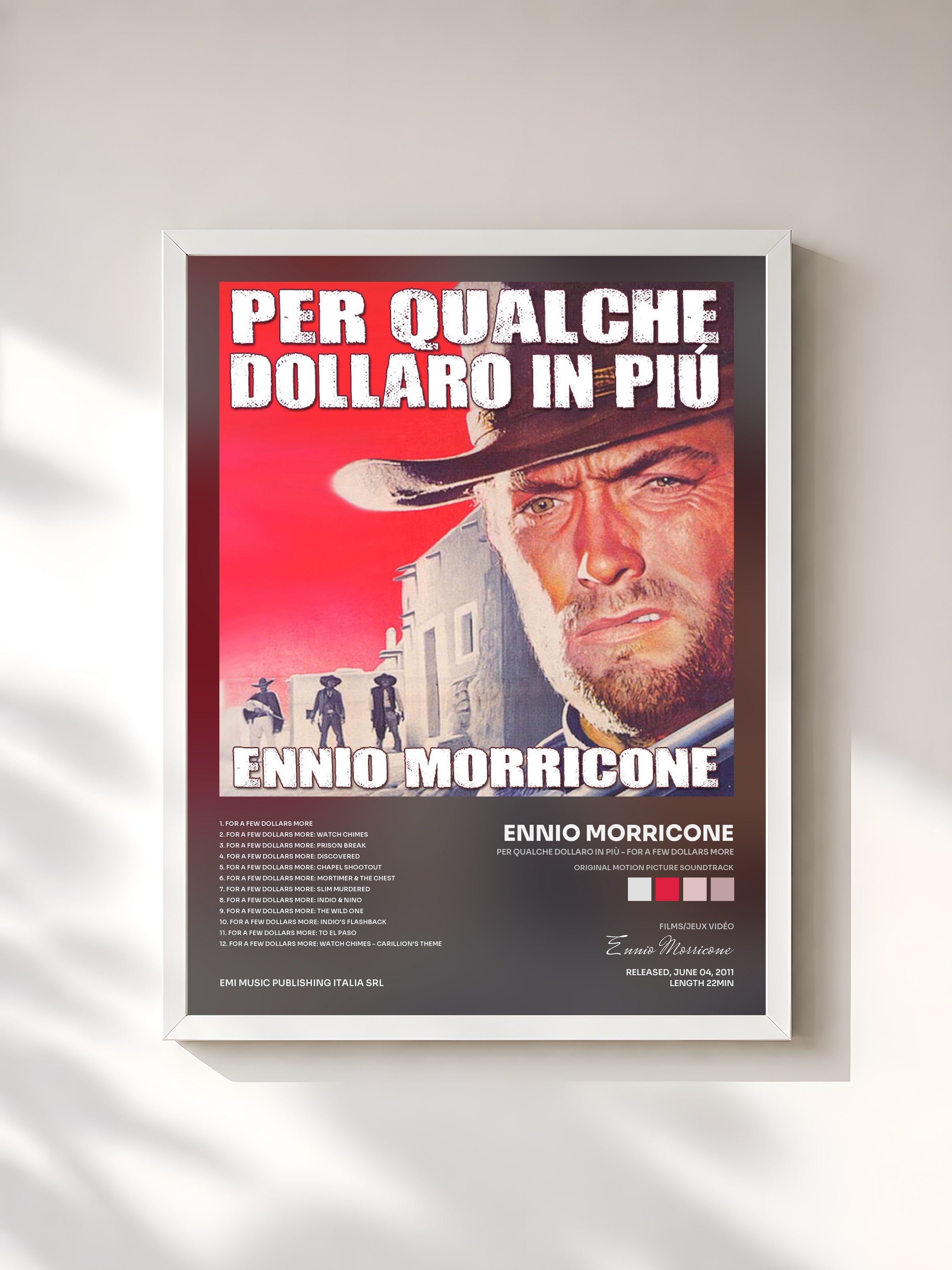 #blanc Tableau de l'album Per Qualche Dollaro in Più - For a Few Dollars More (Original Motion Picture Soundtrack) de Ennio Morricone, cadre blanc, imprimé et encadré en France