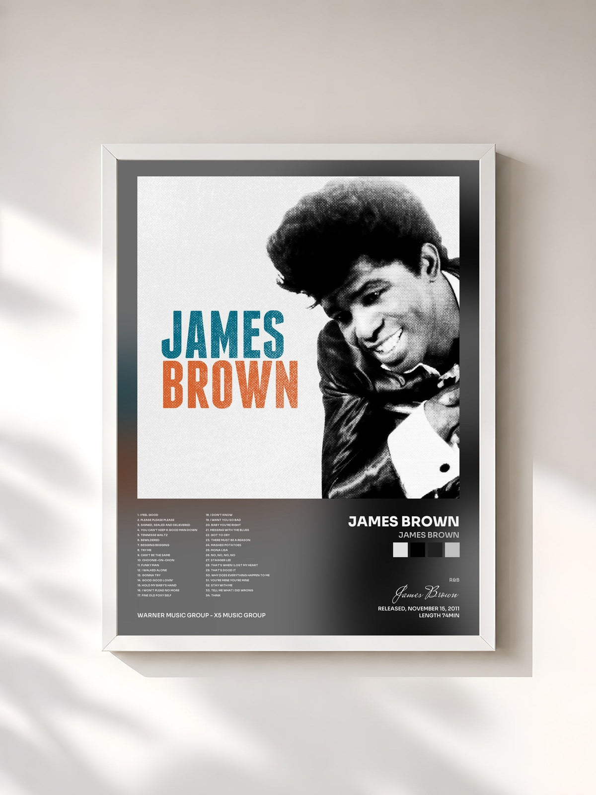#blanc Tableau de l'album James Brown de James Brown, cadre blanc, imprimé et encadré en France
