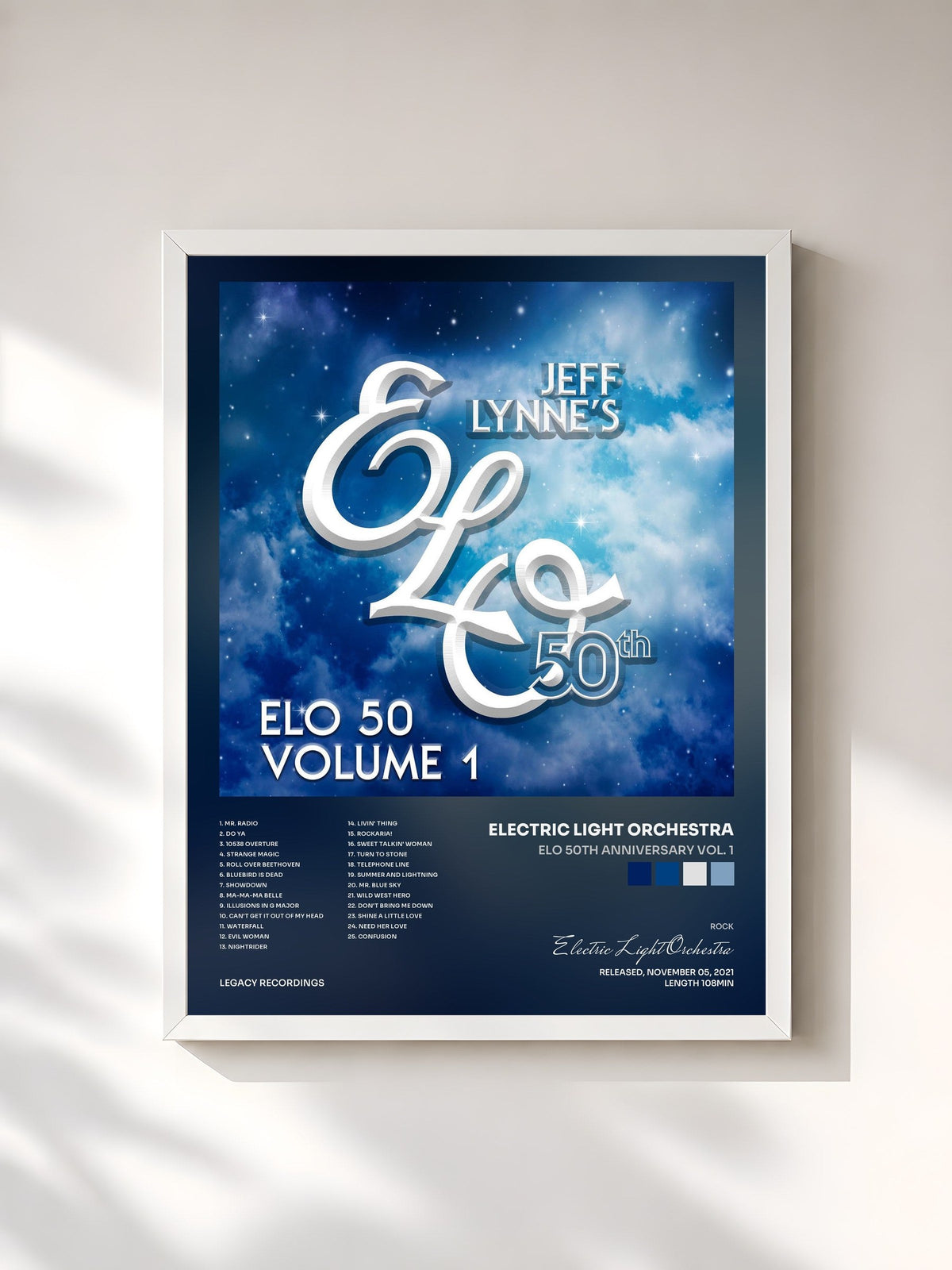 #blanc Tableau de l'album ELO 50th Anniversary Vol. 1 de Electric Light Orchestra, cadre blanc, imprimé et encadré en France