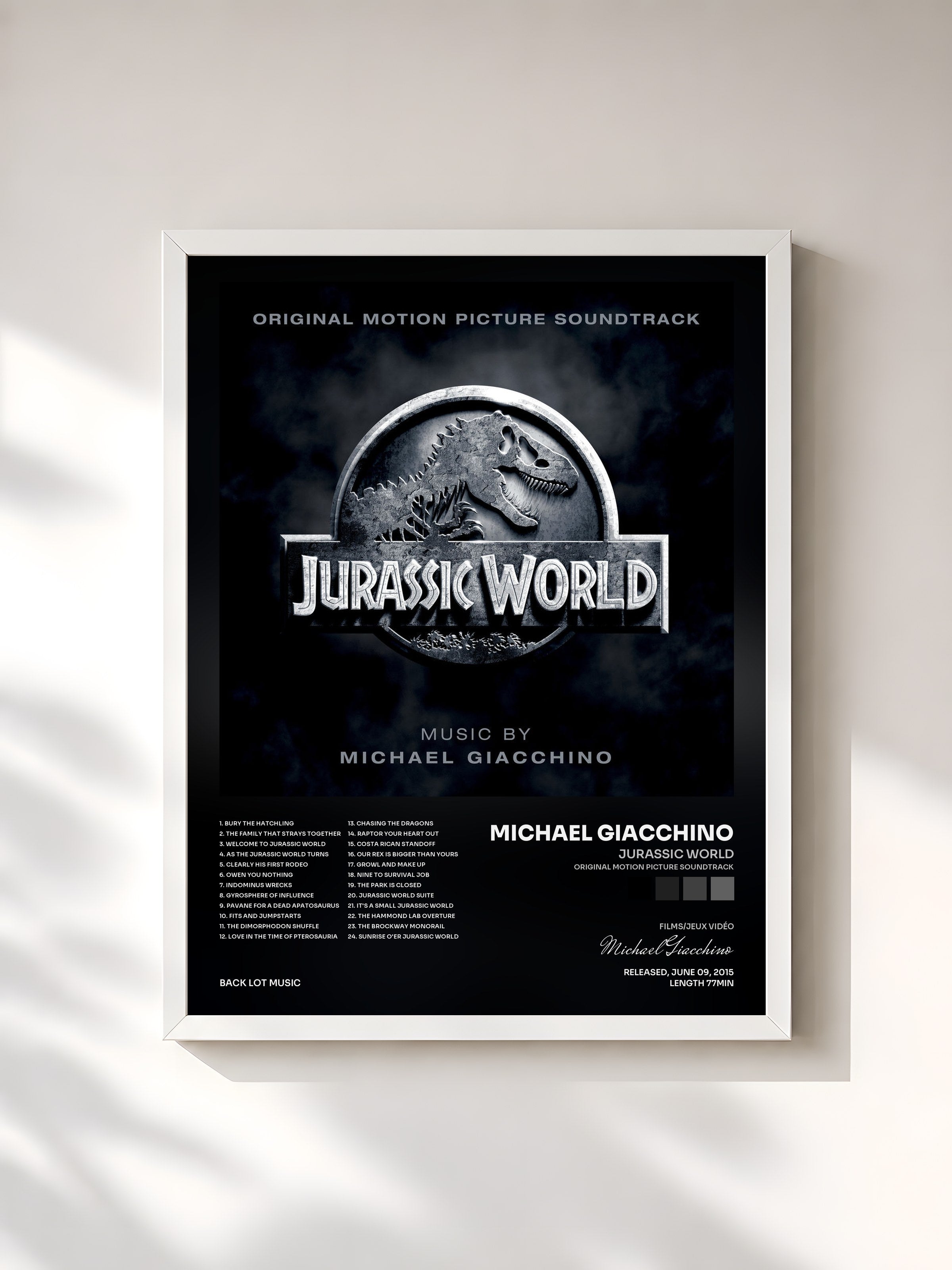 #blanc Tableau de l'album Jurassic World (Original Motion Picture Soundtrack) de Michael Giacchino, cadre blanc, imprimé et encadré en France
