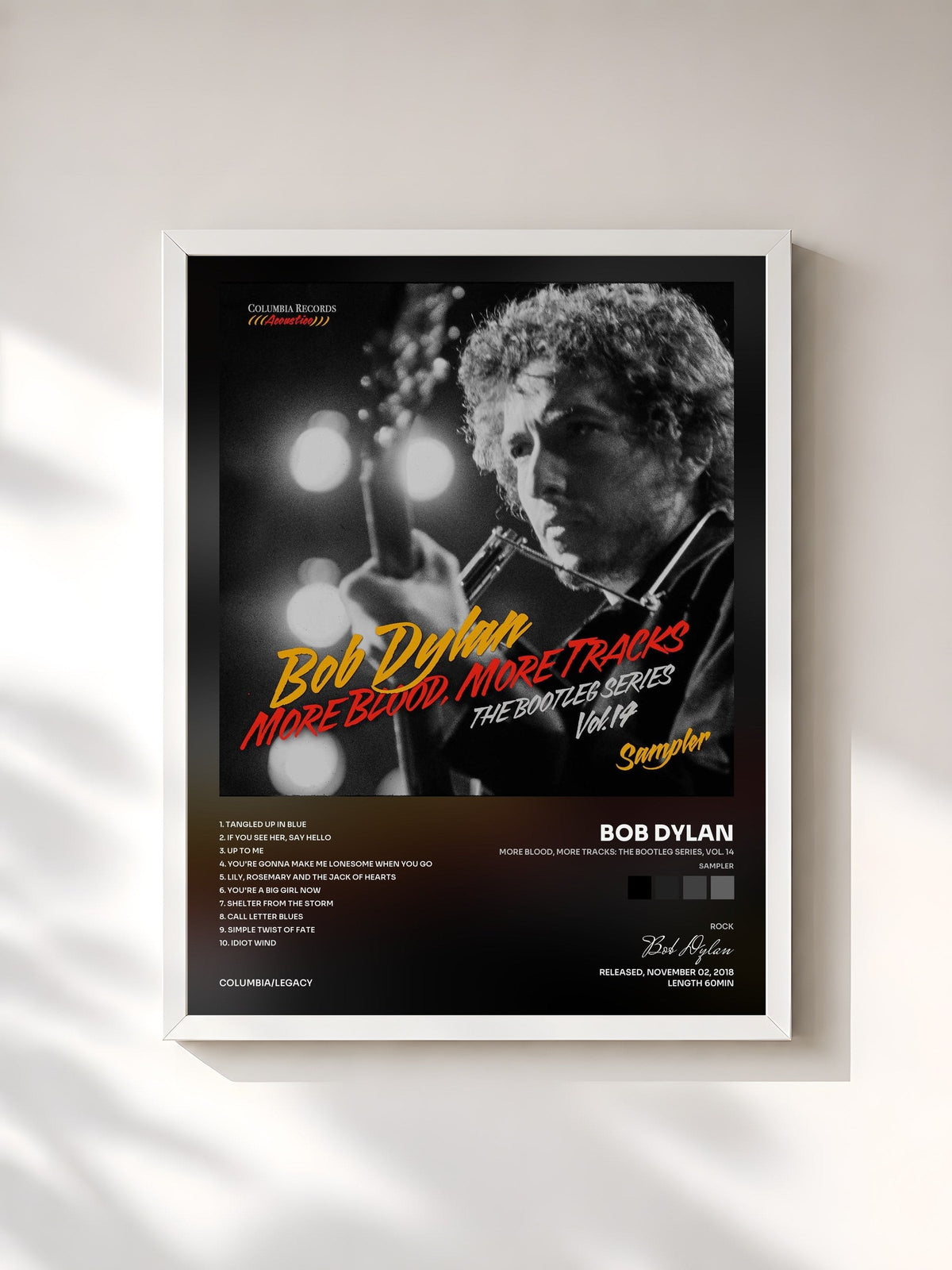 #blanc Tableau de l'album More Blood, More Tracks: The Bootleg Series, Vol. 14 (Sampler) de Bob Dylan, cadre blanc, imprimé et encadré en France