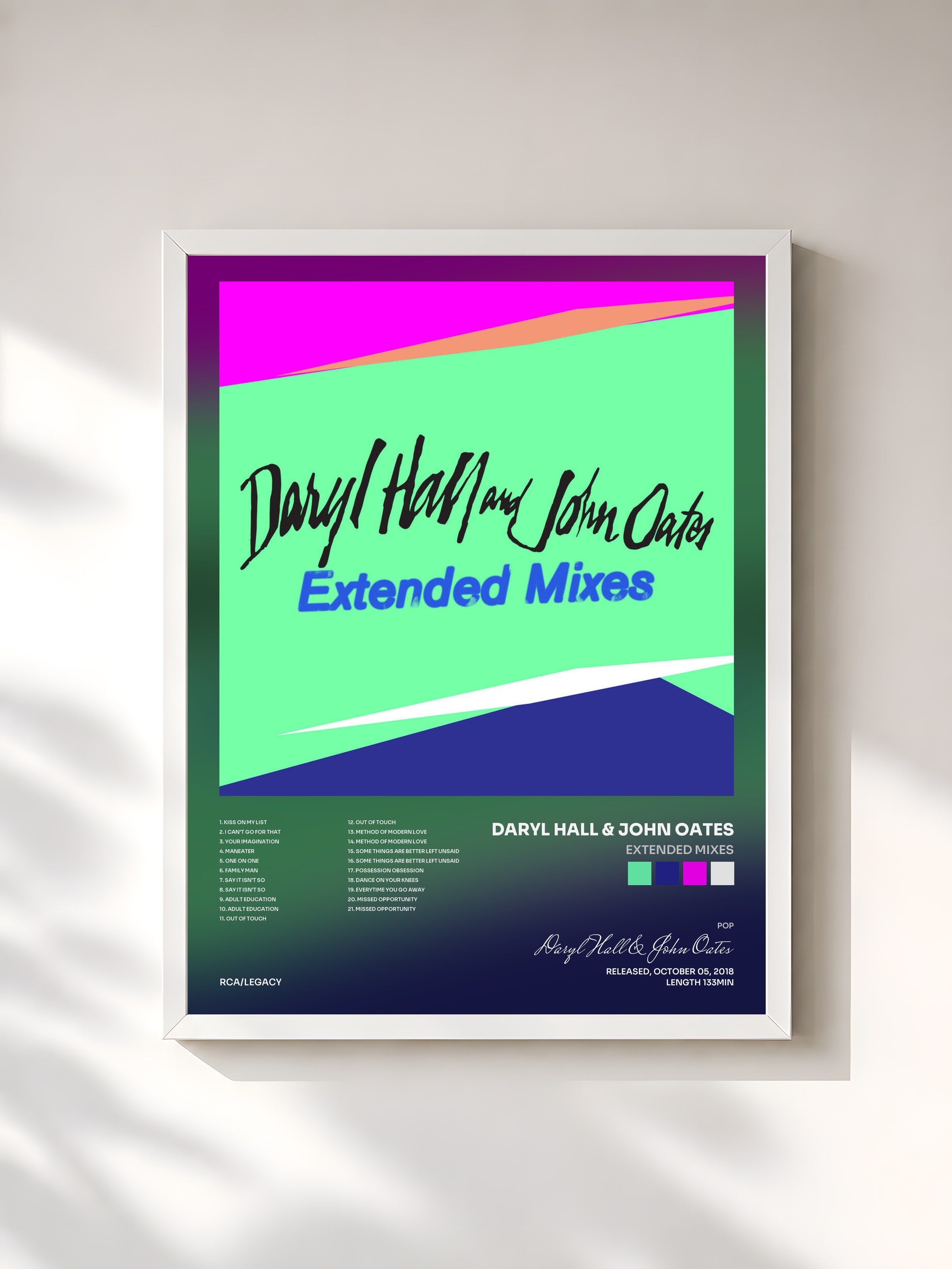 #blanc Tableau de l'album Extended Mixes de Daryl Hall & John Oates, cadre blanc, imprimé et encadré en France