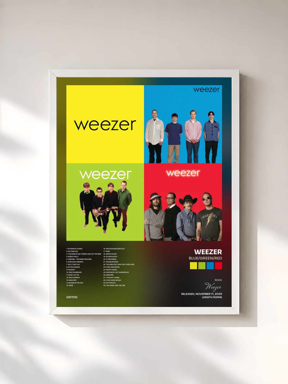 #blanc Tableau de l'album Blue/Green/Red de Weezer, cadre blanc, imprimé et encadré en France