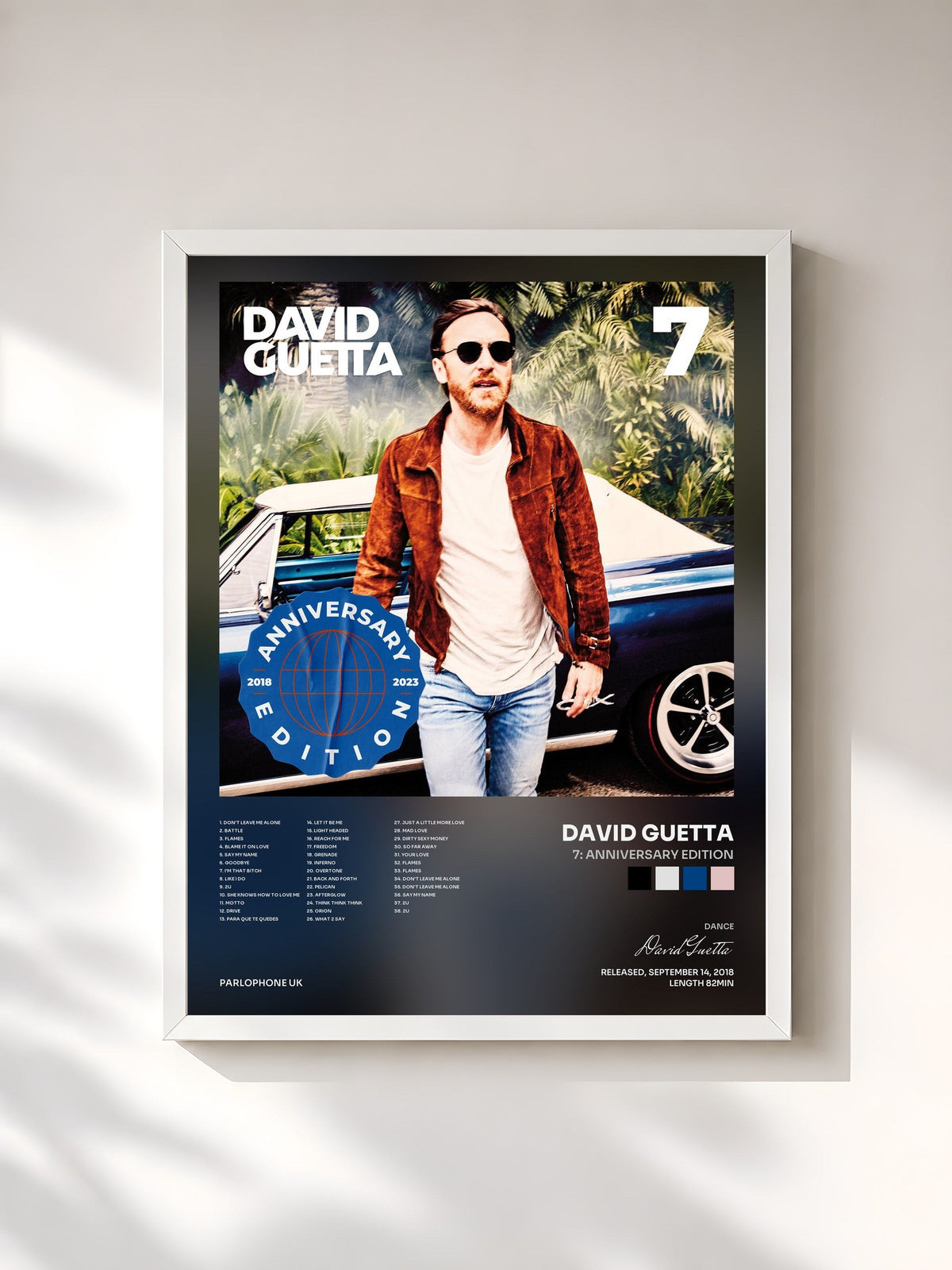 #blanc Tableau de l'album 7: Anniversary Edition de David Guetta, cadre blanc, imprimé et encadré en France