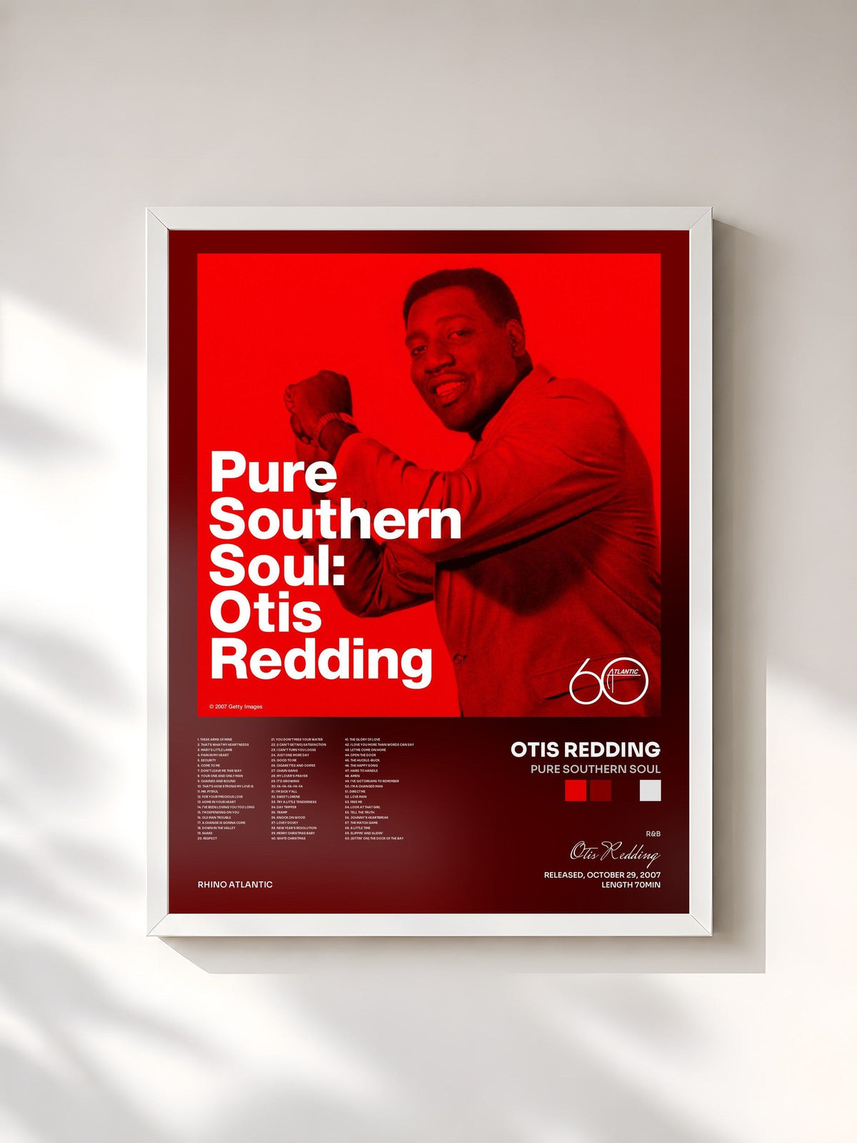 #blanc Tableau de l'album Pure Southern Soul de Otis Redding, cadre blanc, imprimé et encadré en France