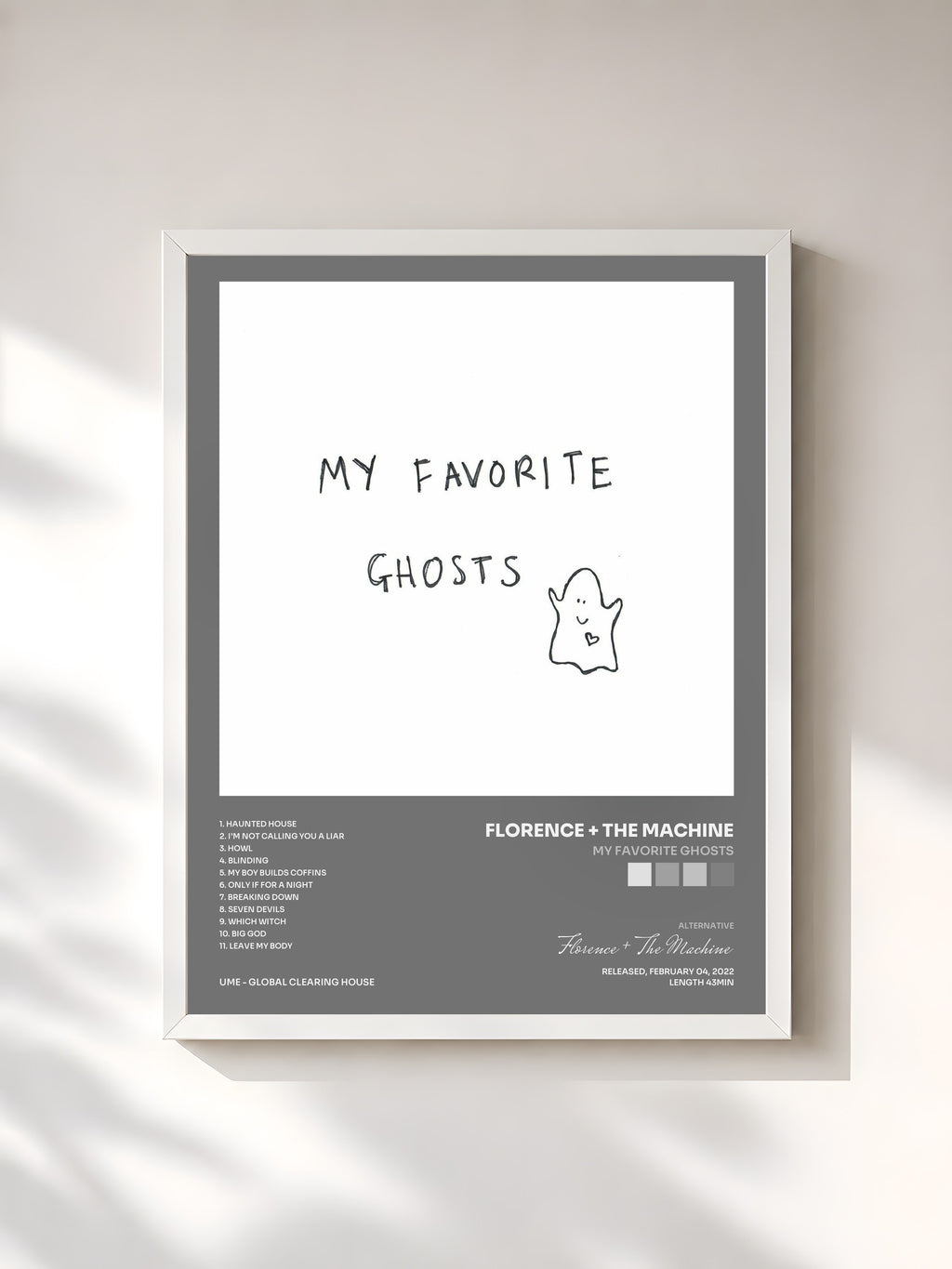 #blanc Tableau de l'album My Favorite Ghosts de Florence + The Machine, cadre blanc, imprimé et encadré en France