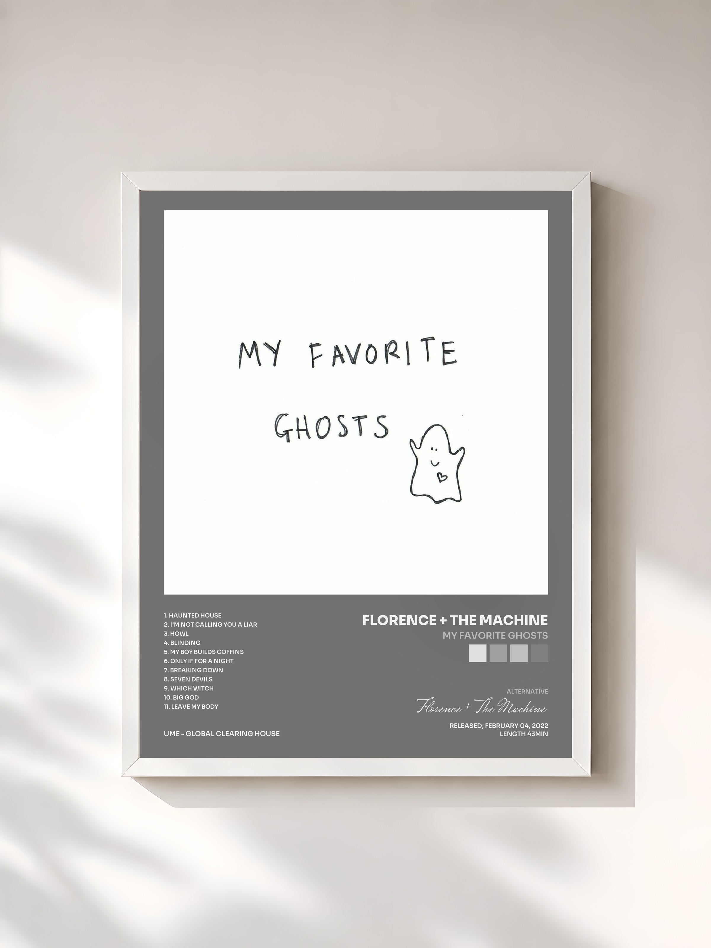 #blanc Tableau de l'album My Favorite Ghosts de Florence + The Machine, cadre blanc, imprimé et encadré en France