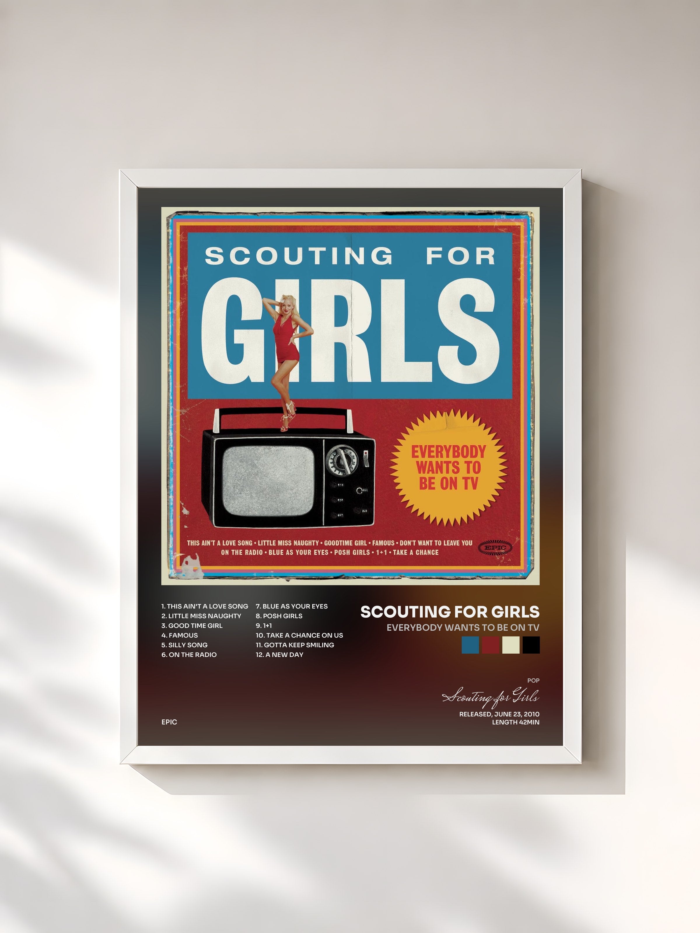 #blanc Tableau de l'album Everybody Wants To Be On TV de Scouting for Girls, cadre blanc, imprimé et encadré en France