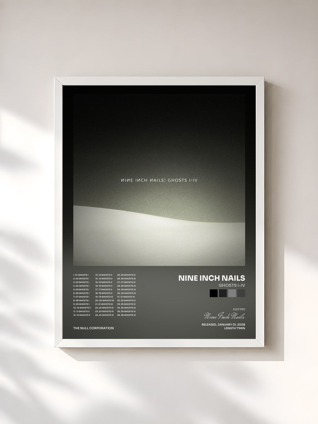 #blanc Tableau de l'album Ghosts I-IV de Nine Inch Nails, cadre blanc, imprimé et encadré en France