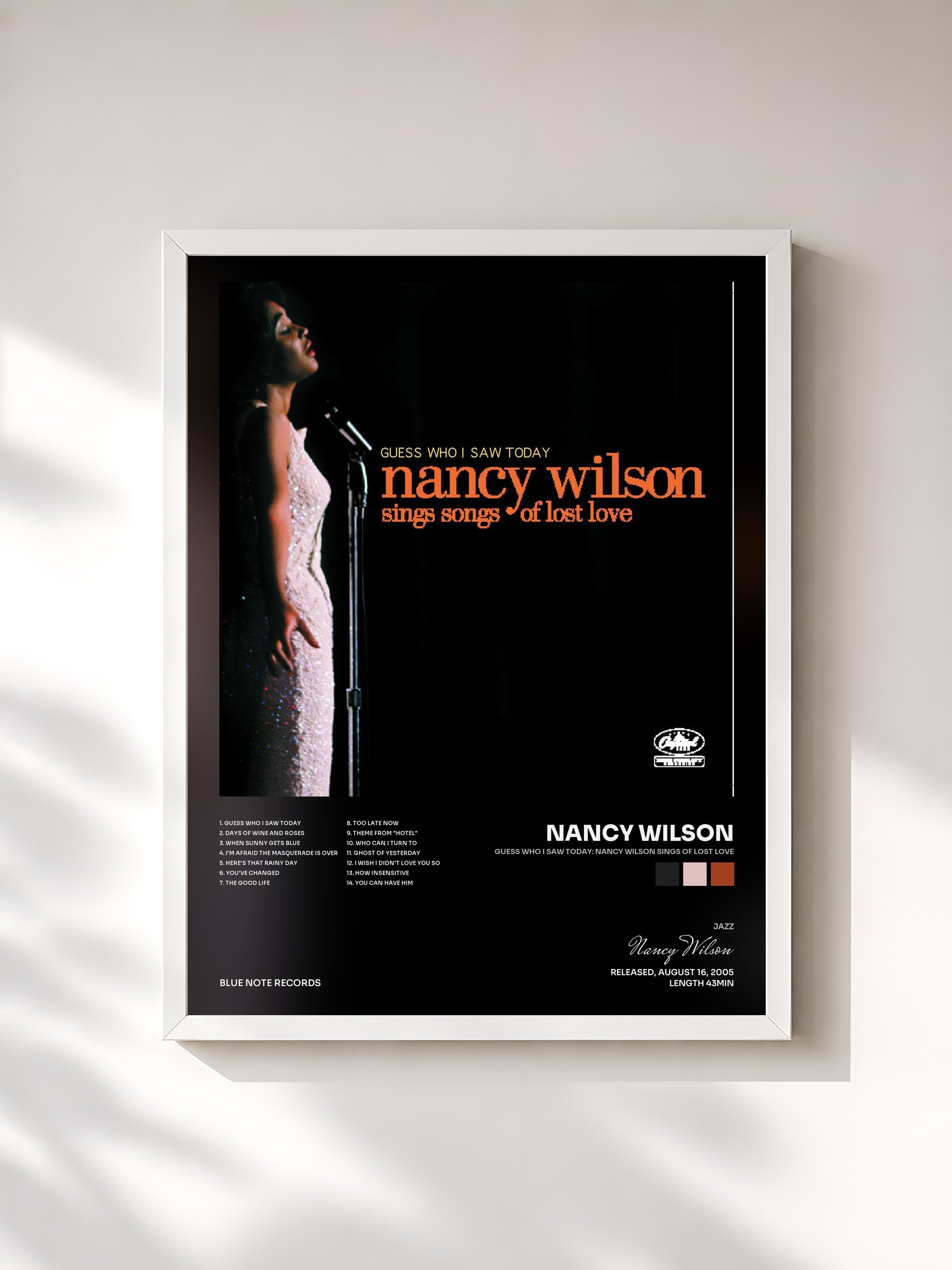 #blanc Tableau de l'album Guess Who I Saw Today: Nancy Wilson Sings Of Lost Love de Nancy Wilson, cadre blanc, imprimé et encadré en France