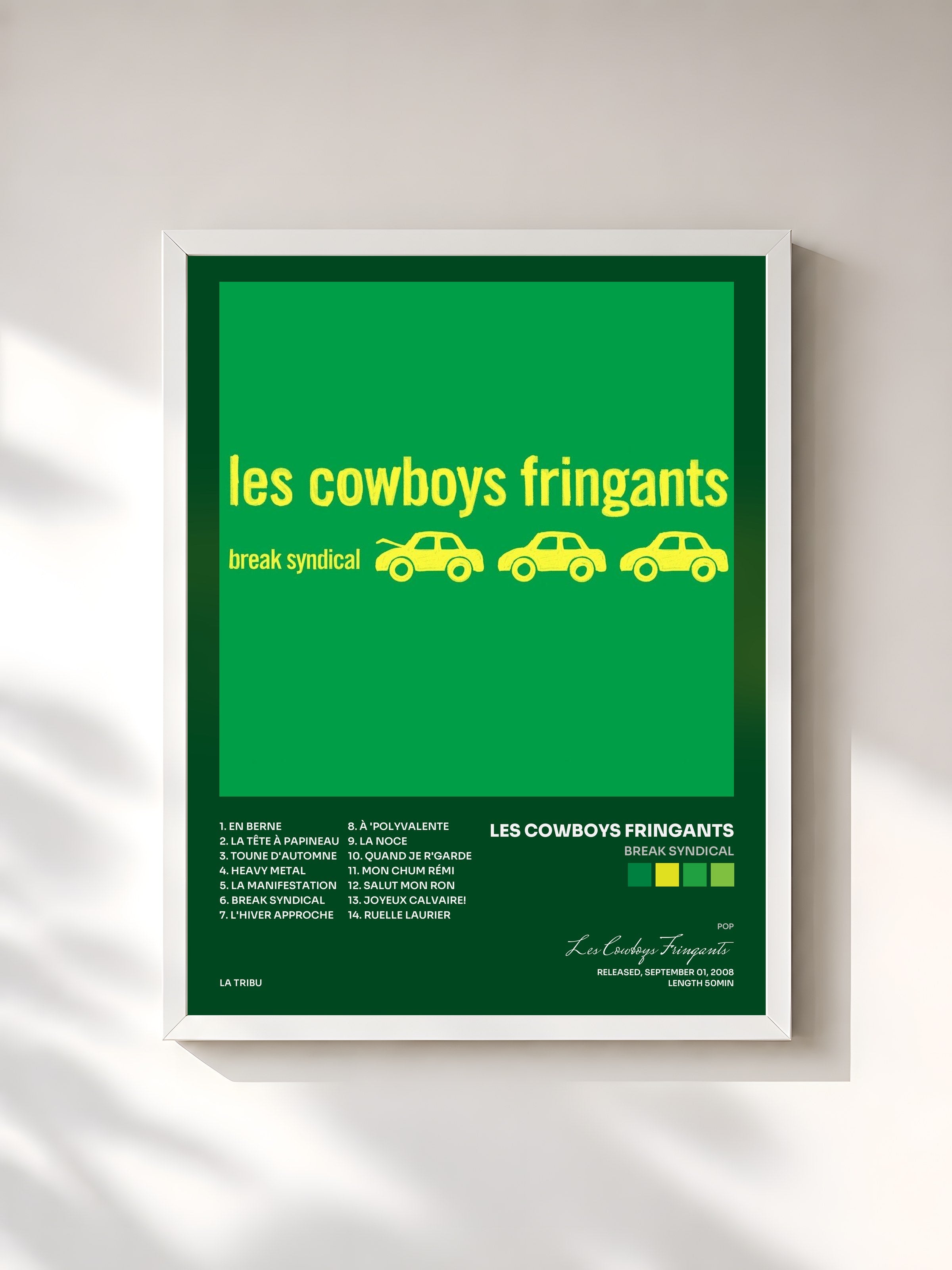 #blanc Tableau de l'album Break syndical de Les Cowboys Fringants, cadre blanc, imprimé et encadré en France
