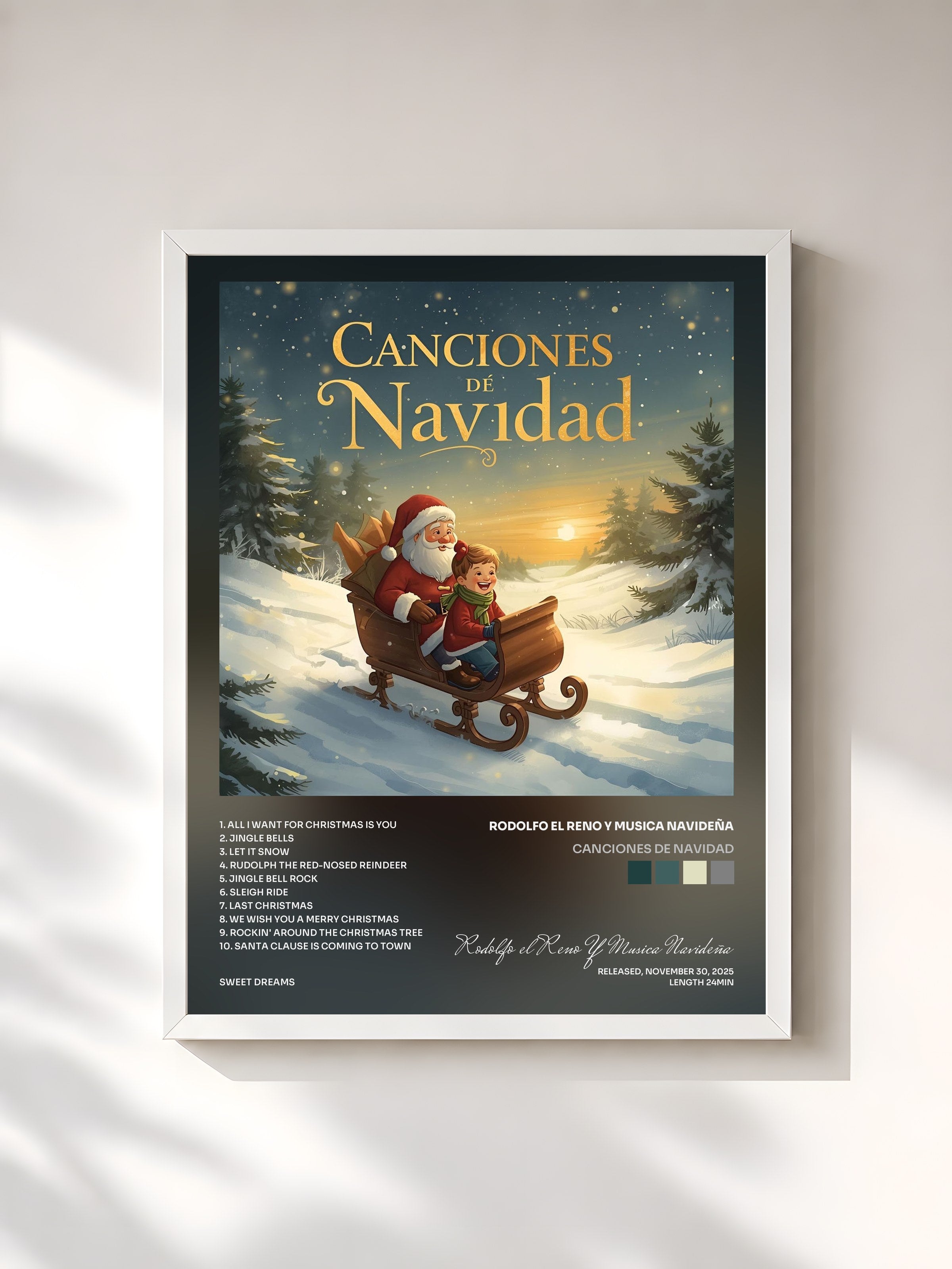 #blanc Tableau de l'album Canciones De Navidad de Rodolfo el Reno Y Musica Navideña, cadre blanc, imprimé et encadré en France