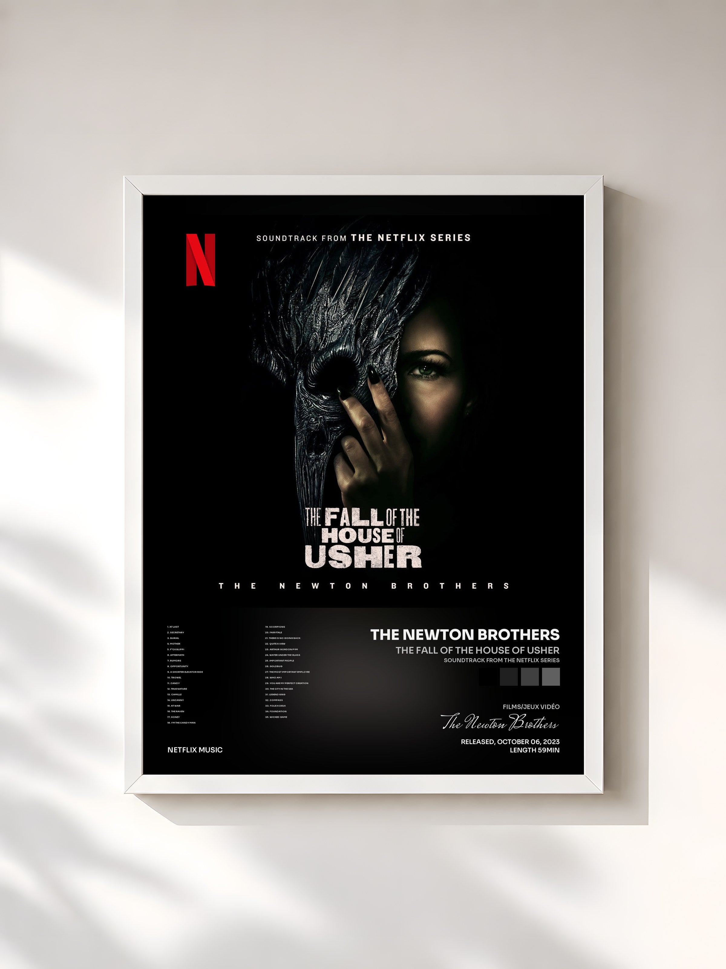 #blanc Tableau de l'album The Fall of the House of Usher (Soundtrack from the Netflix Series) de The Newton Brothers, cadre blanc, imprimé et encadré en France