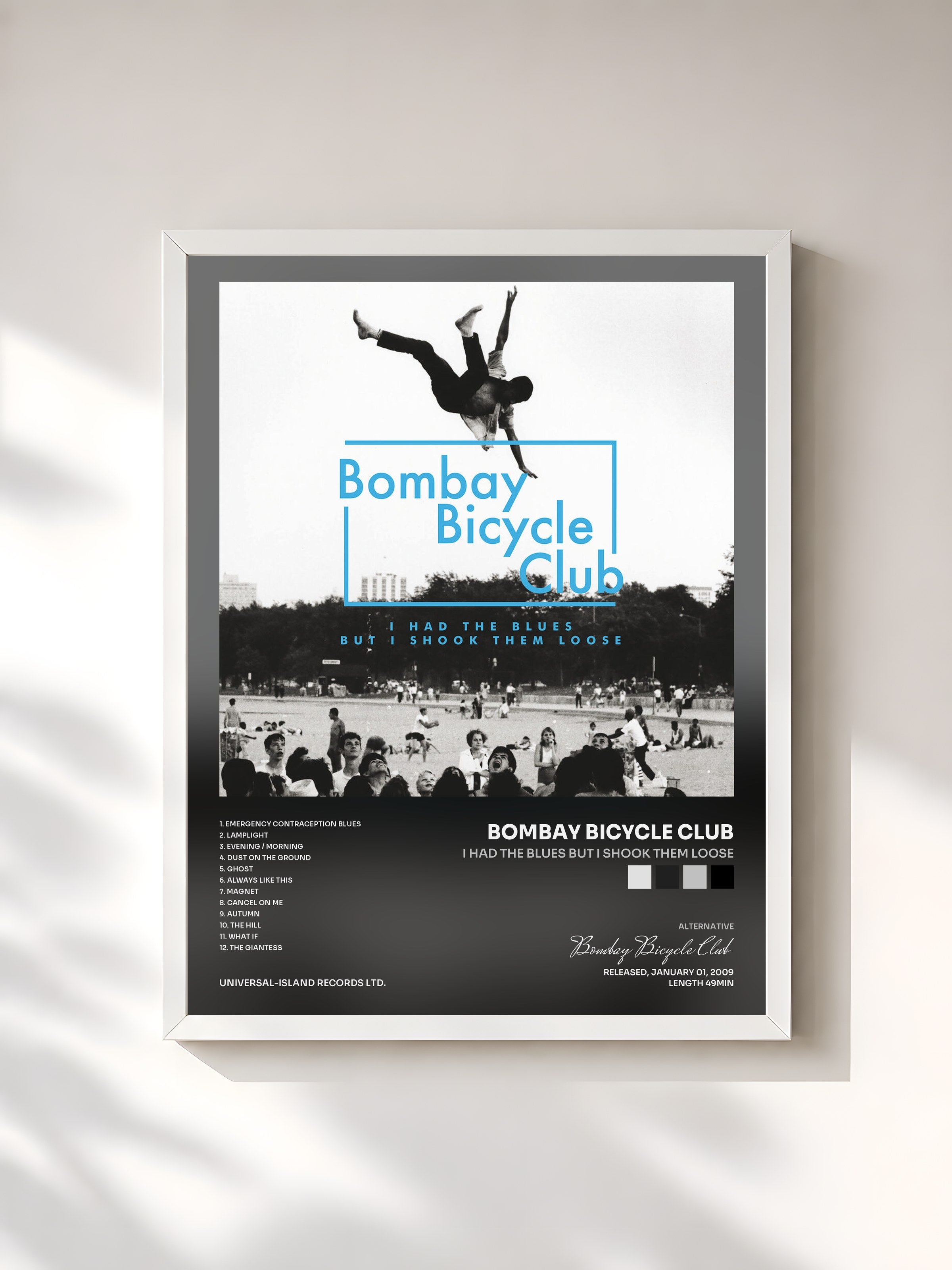 #blanc Tableau de l'album I Had The Blues But I Shook Them Loose de Bombay Bicycle Club, cadre blanc, imprimé et encadré en France