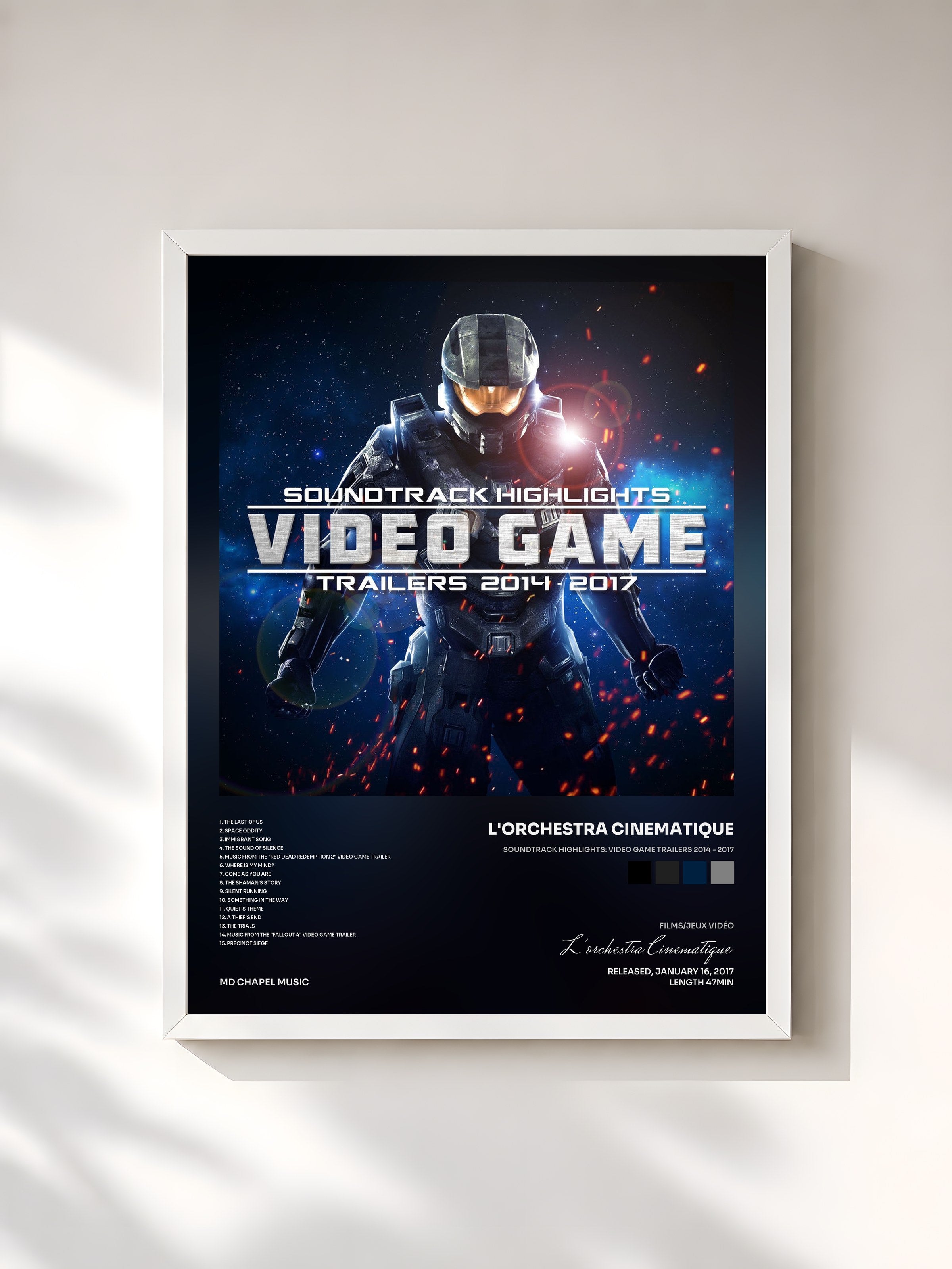 #blanc Tableau de l'album Soundtrack Highlights: Video Game Trailers 2014 - 2017 de L'orchestra Cinematique, cadre blanc, imprimé et encadré en France