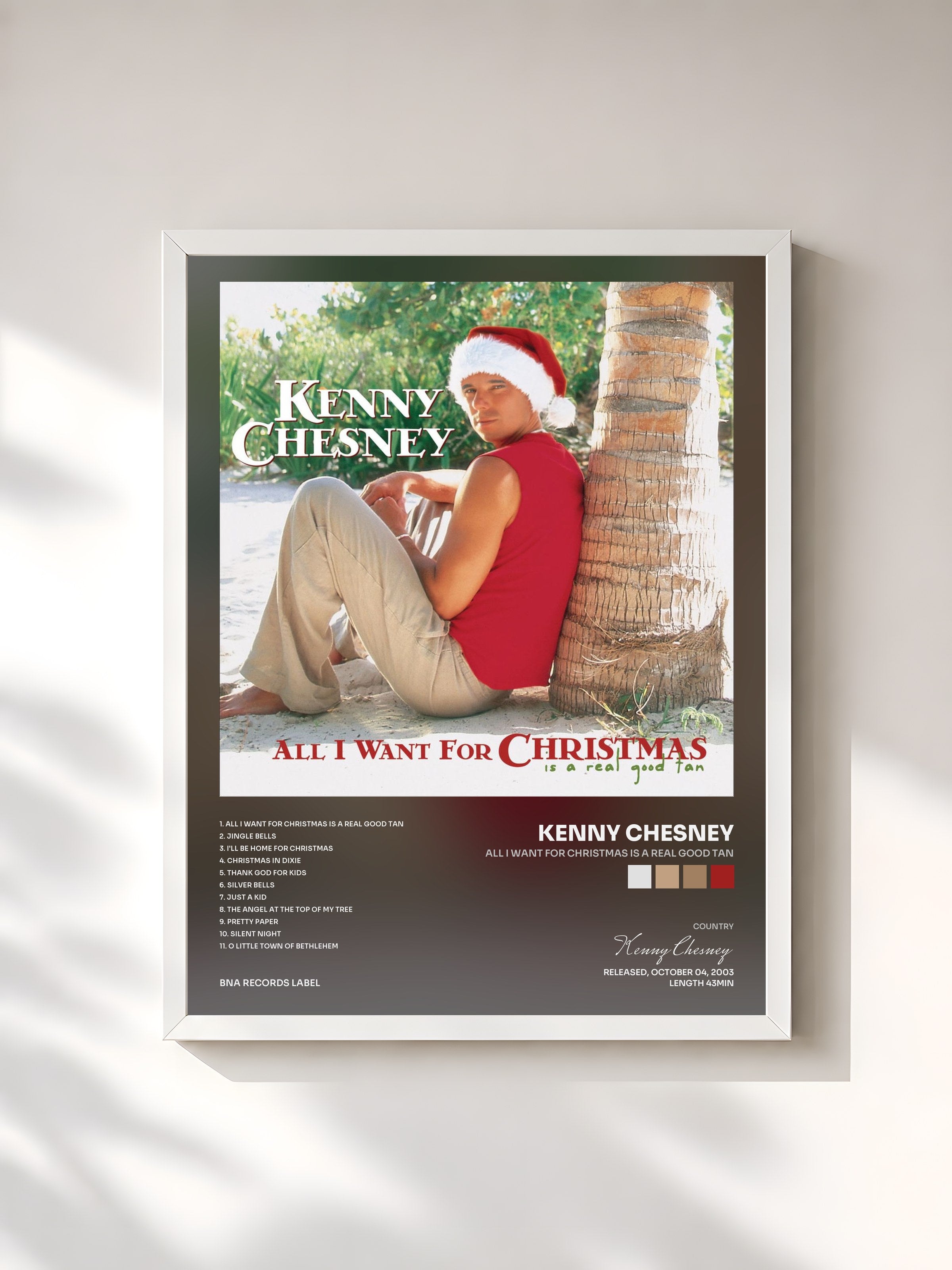 #blanc Tableau de l'album All I Want For Christmas Is A Real Good Tan de Kenny Chesney, cadre blanc, imprimé et encadré en France