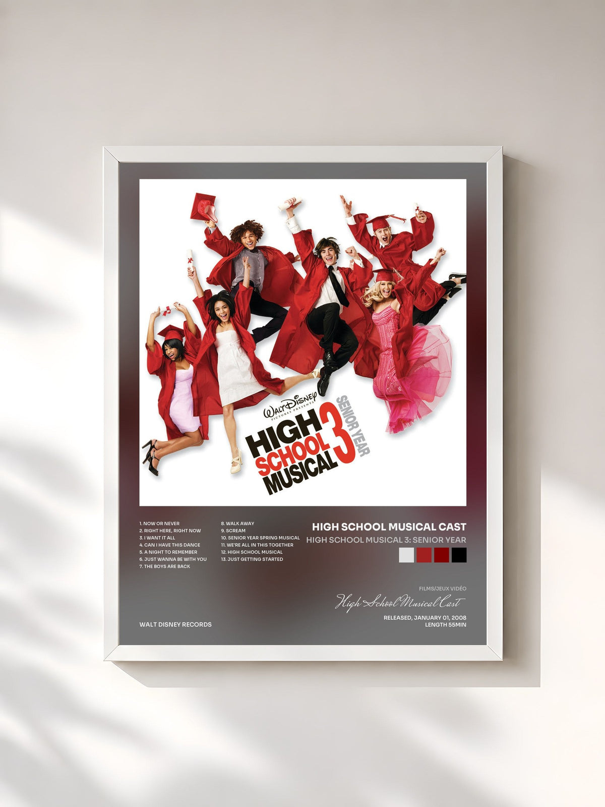 #blanc Tableau de l'album High School Musical 3: Senior Year de High School Musical Cast, cadre blanc, imprimé et encadré en France