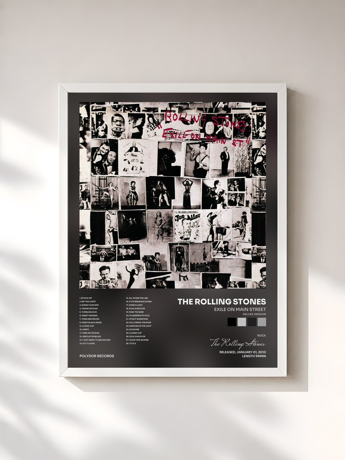 #blanc Tableau de l'album Exile On Main Street (Deluxe Version) de The Rolling Stones, cadre blanc, imprimé et encadré en France