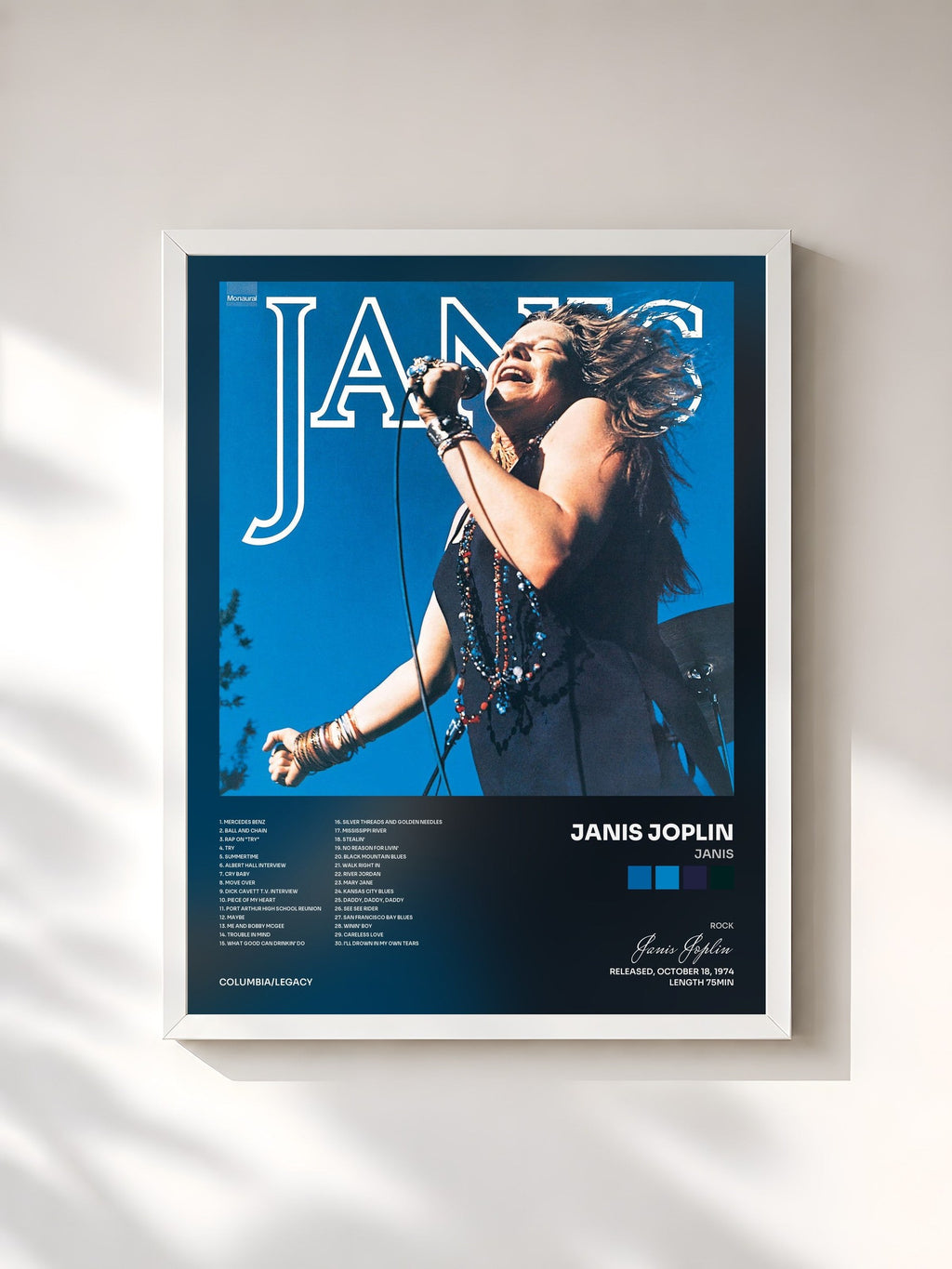 #blanc Tableau de l'album Janis de Janis Joplin, cadre blanc, imprimé et encadré en France