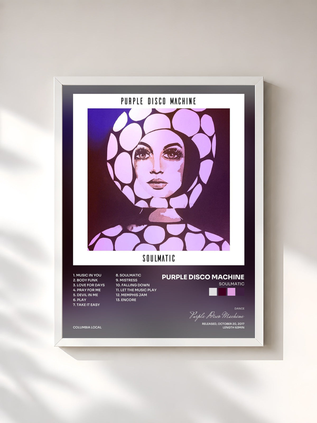 #blanc Tableau de l'album Soulmatic de Purple Disco Machine, cadre blanc, imprimé et encadré en France