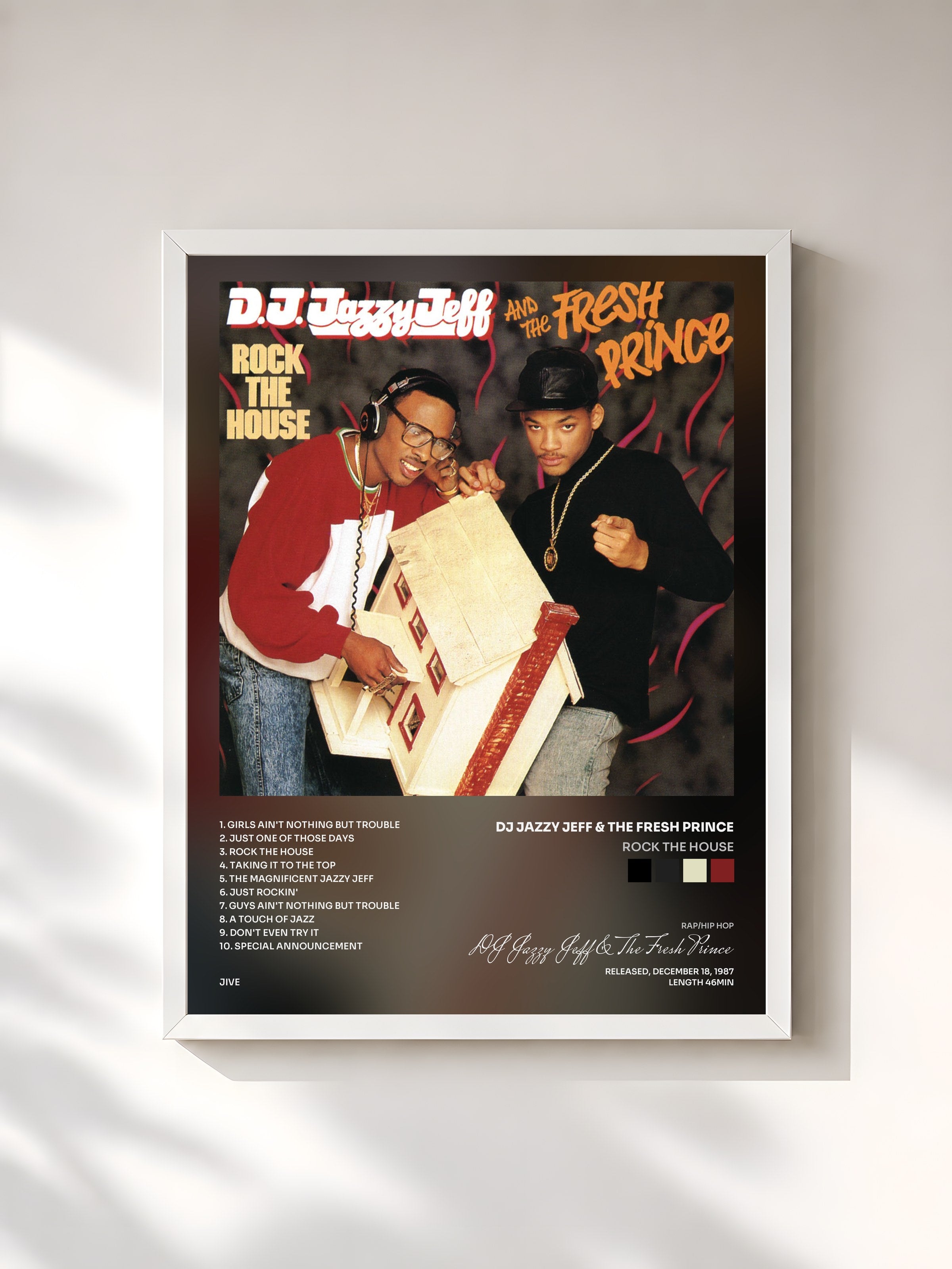 #blanc Tableau de l'album Rock The House de DJ Jazzy Jeff & The Fresh Prince, cadre blanc, imprimé et encadré en France