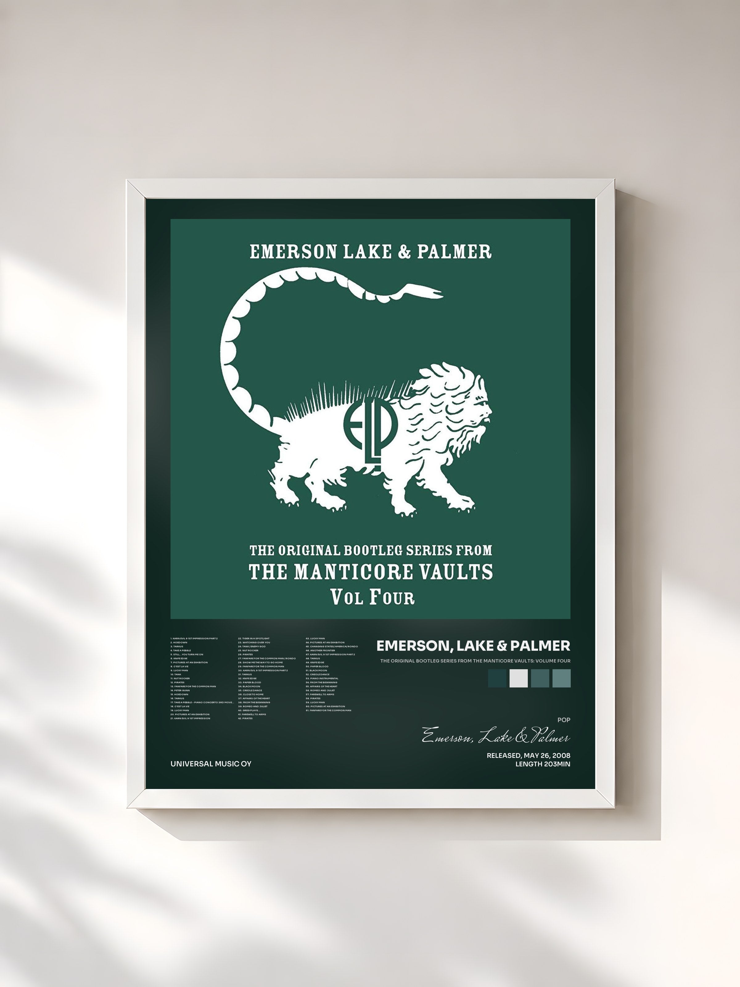 #blanc Tableau de l'album The Original Bootleg Series From The Manticore Vaults: Volume Four de Emerson, Lake & Palmer, cadre blanc, imprimé et encadré en France