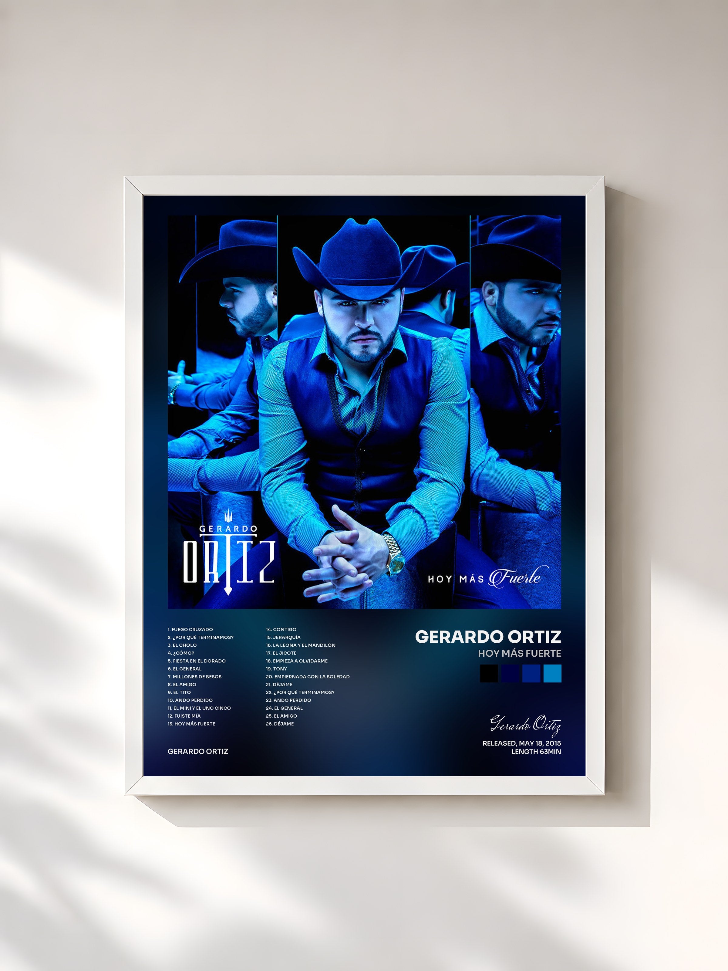 #blanc Tableau de l'album Hoy Más Fuerte de Gerardo Ortiz, cadre blanc, imprimé et encadré en France
