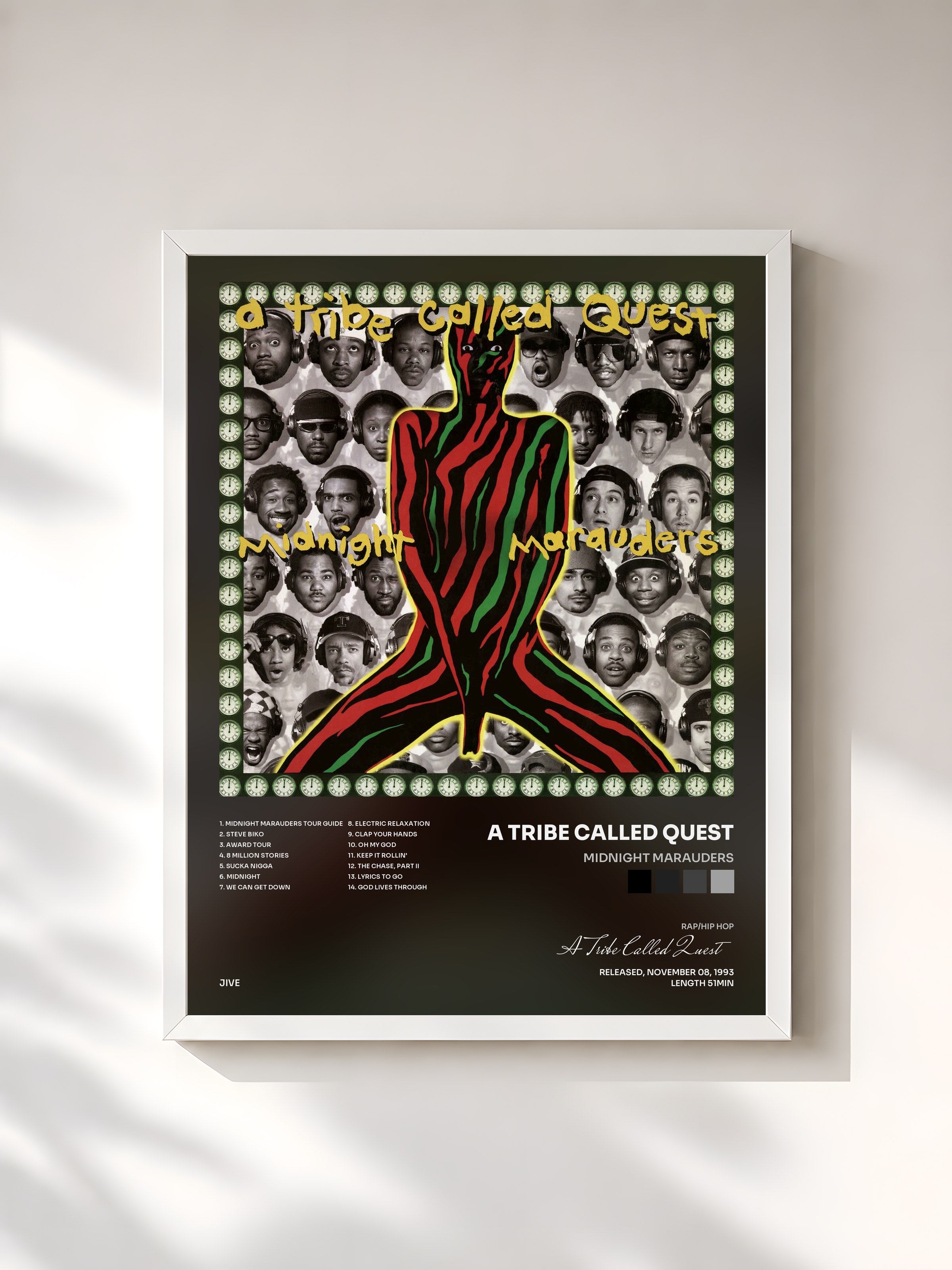 #blanc Tableau de l'album Midnight Marauders de A Tribe Called Quest, cadre blanc, imprimé et encadré en France