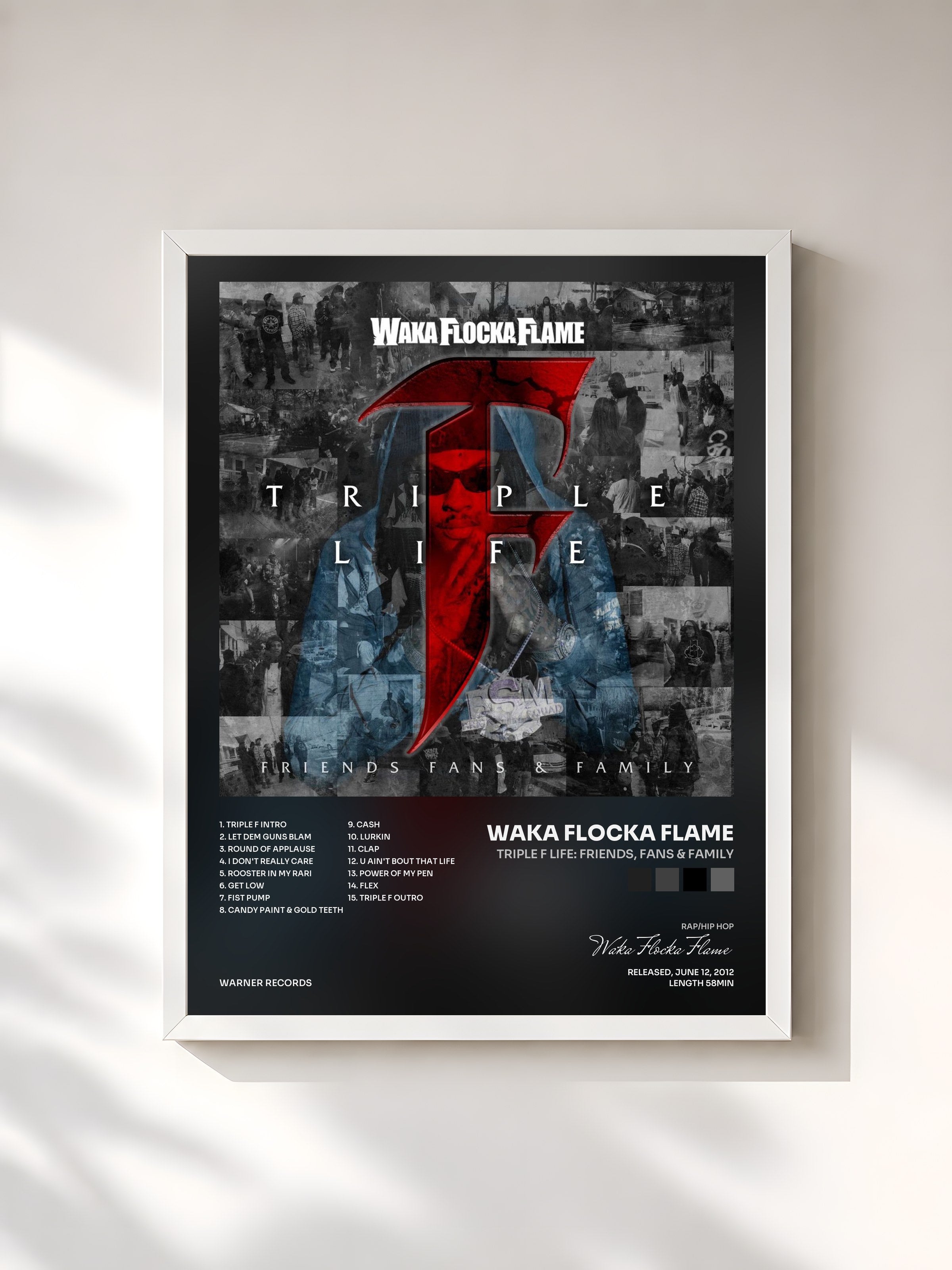 #blanc Tableau de l'album Triple F Life: Friends, Fans & Family de Waka Flocka Flame, cadre blanc, imprimé et encadré en France