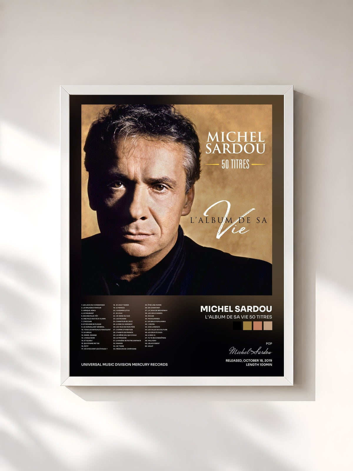 #blanc L'album de sa vie 50 titres de Michel Sardou en lámina enmarcada, marco blanco, impresa y enmarcada en Francia