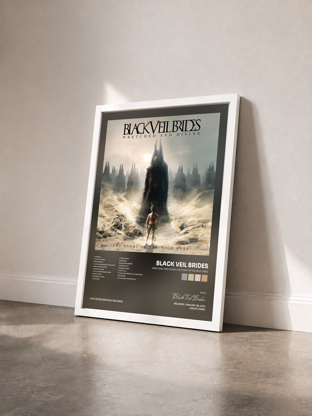 #blanc Wretched And Divine: The Story Of The Wild Ones de Black Veil Brides en lámina enmarcada vista de tres cuartos, marco blanco