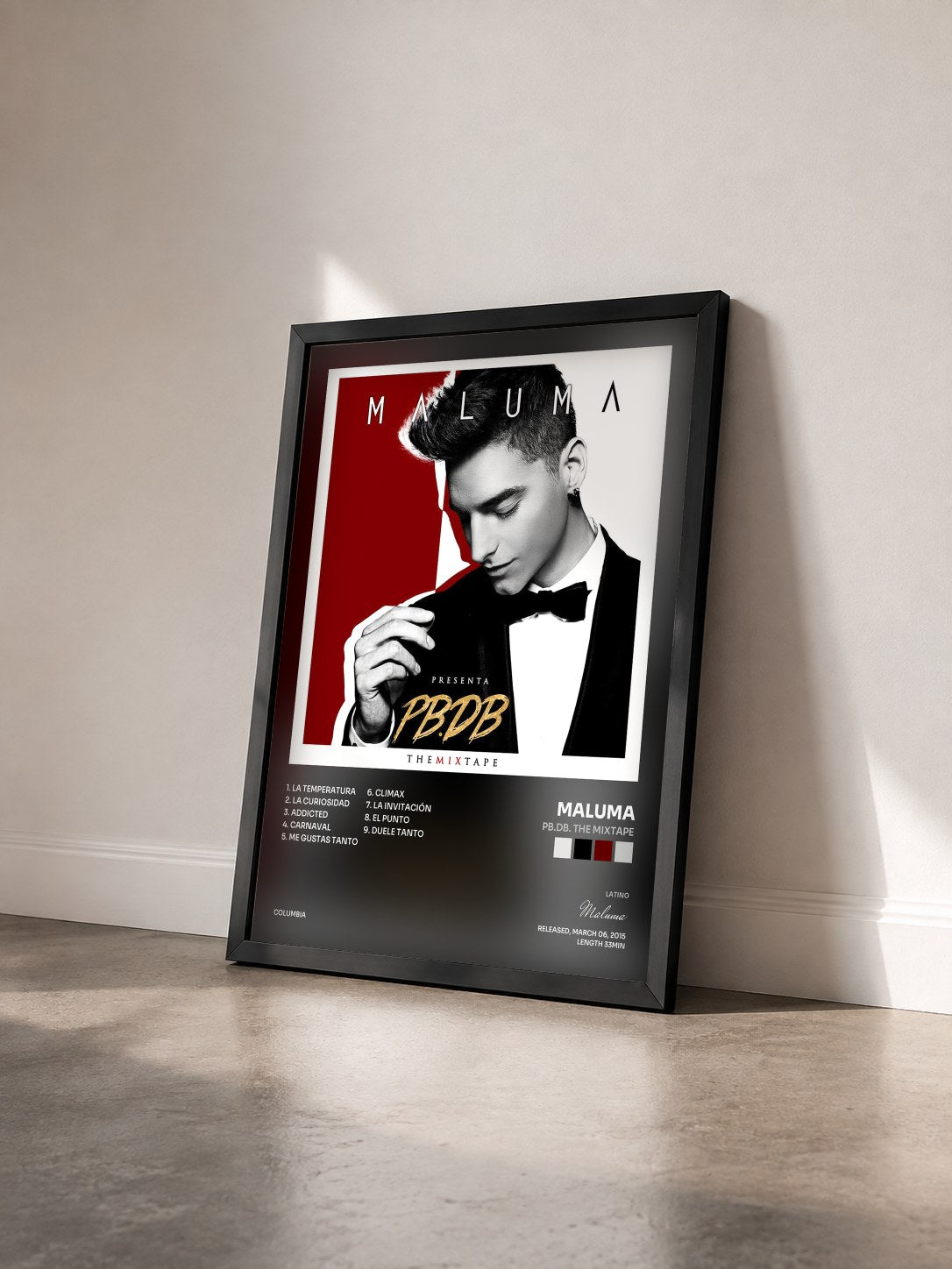 #noir Tableau de l'album PB.DB. The Mixtape de Maluma vu de trois quarts, cadre noir