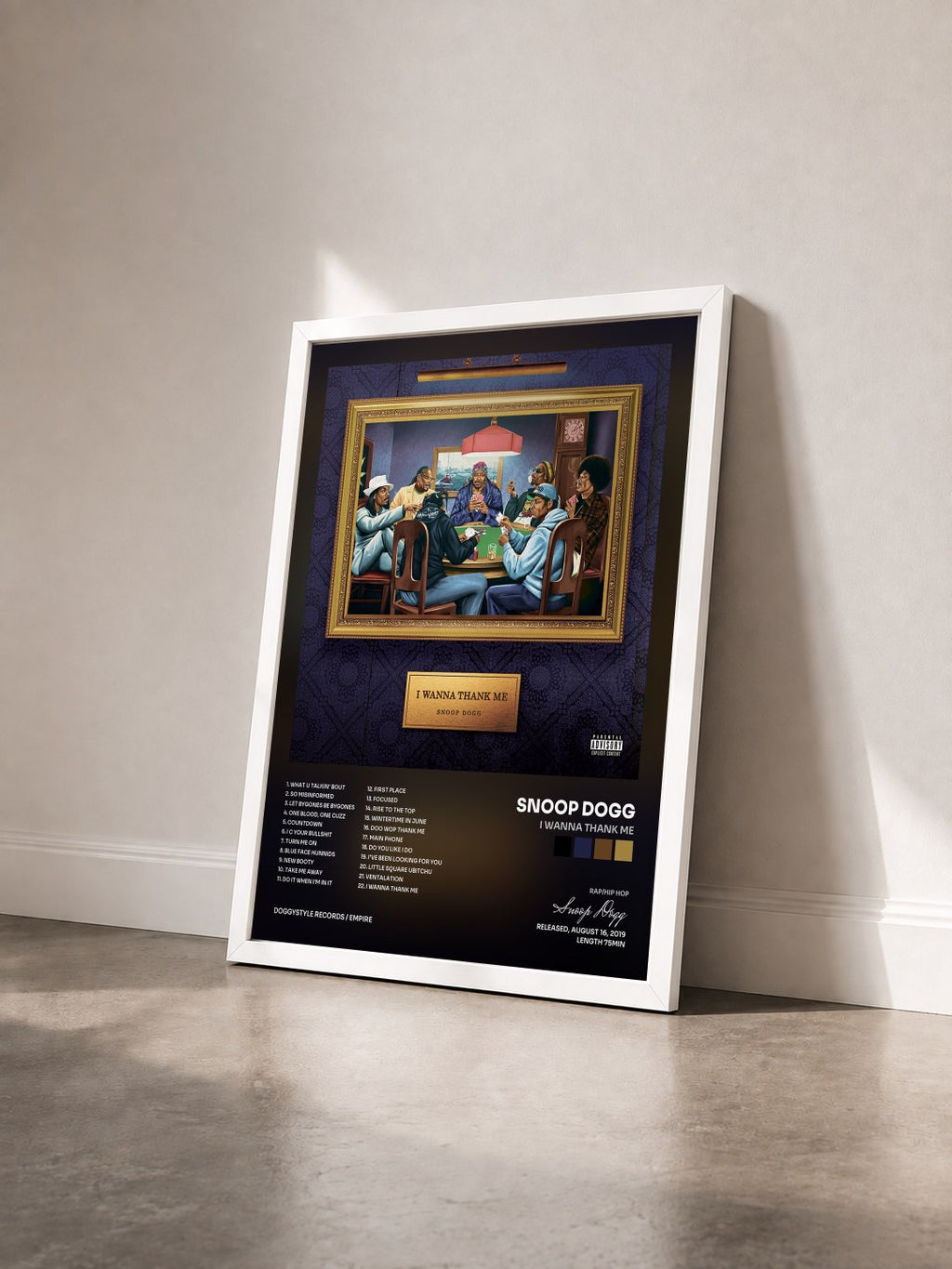 #blanc Tableau de l'album I Wanna Thank Me de Snoop Dogg vu de trois quarts, cadre blanc