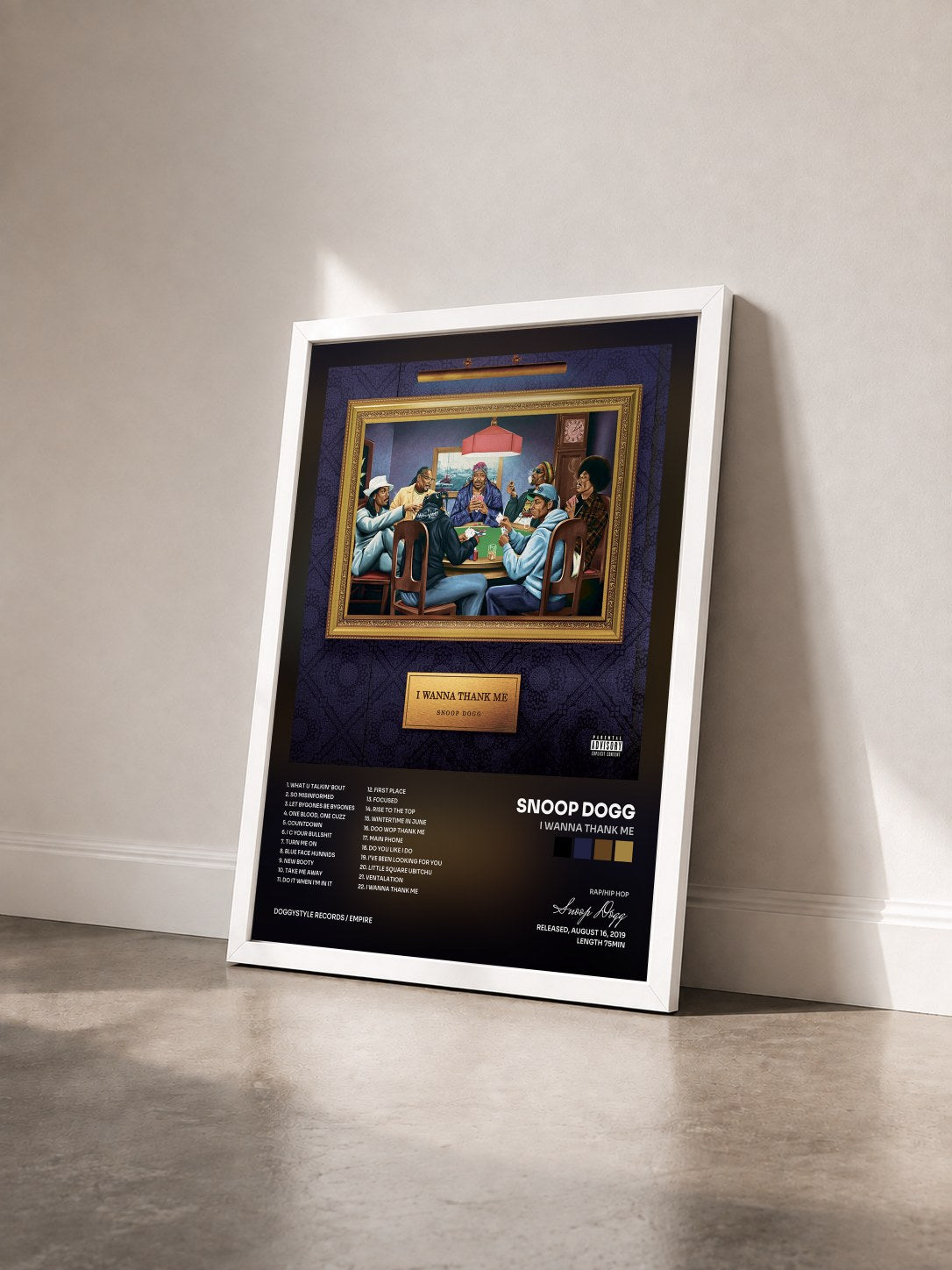 #blanc Tableau de l'album I Wanna Thank Me de Snoop Dogg vu de trois quarts, cadre blanc