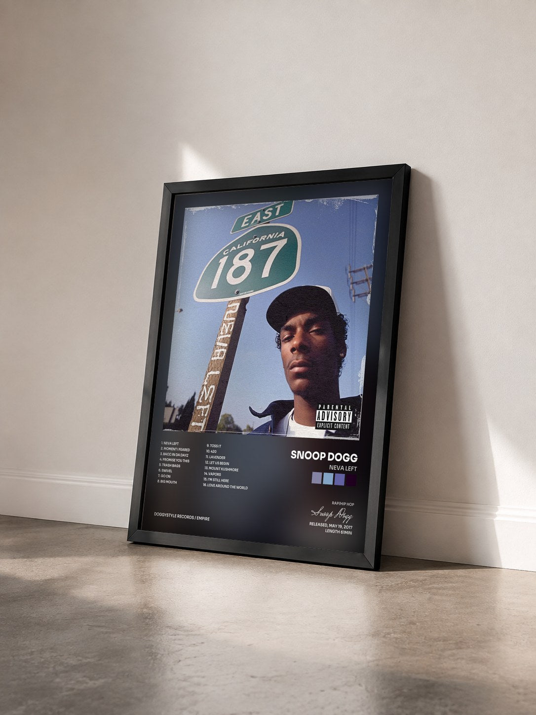 #noir Tableau de l'album Neva Left de Snoop Dogg vu de trois quarts, cadre noir
