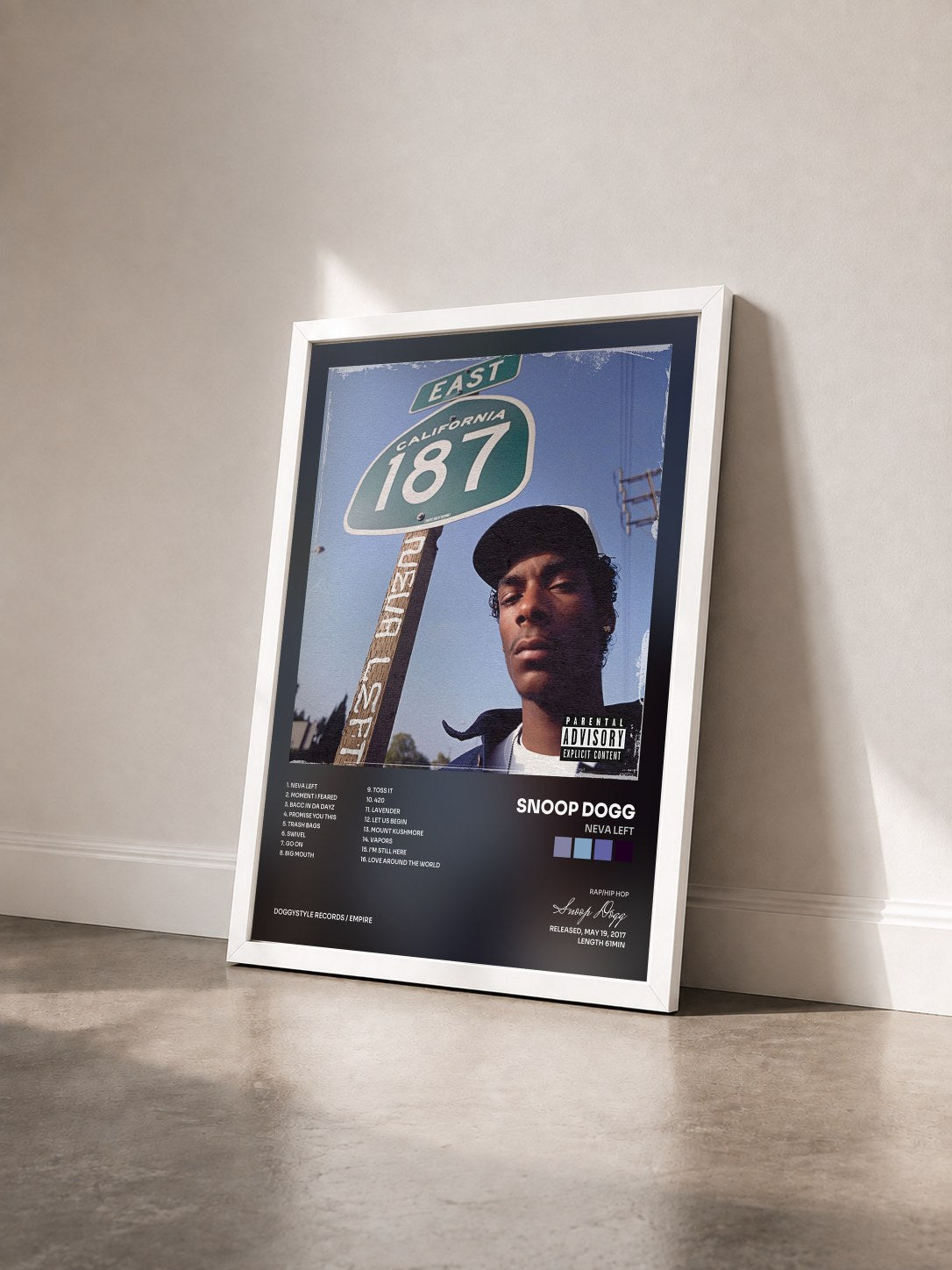 #blanc Tableau de l'album Neva Left de Snoop Dogg vu de trois quarts, cadre blanc