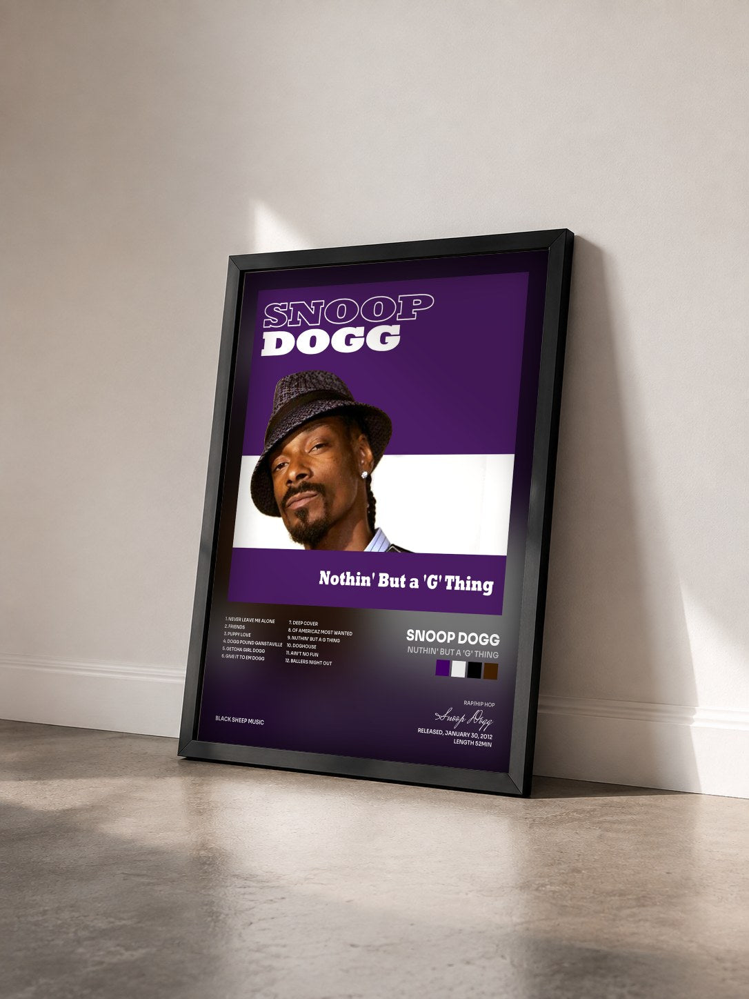 #noir Tableau de l'album Nuthin' But a 'G' Thing de Snoop Dogg vu de trois quarts, cadre noir