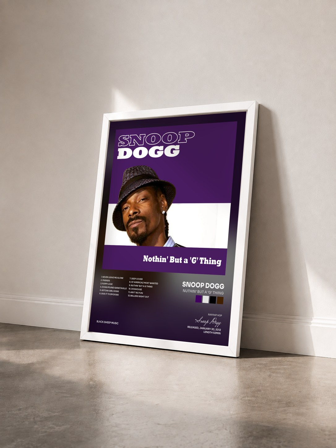 #blanc Tableau de l'album Nuthin' But a 'G' Thing de Snoop Dogg vu de trois quarts, cadre blanc
